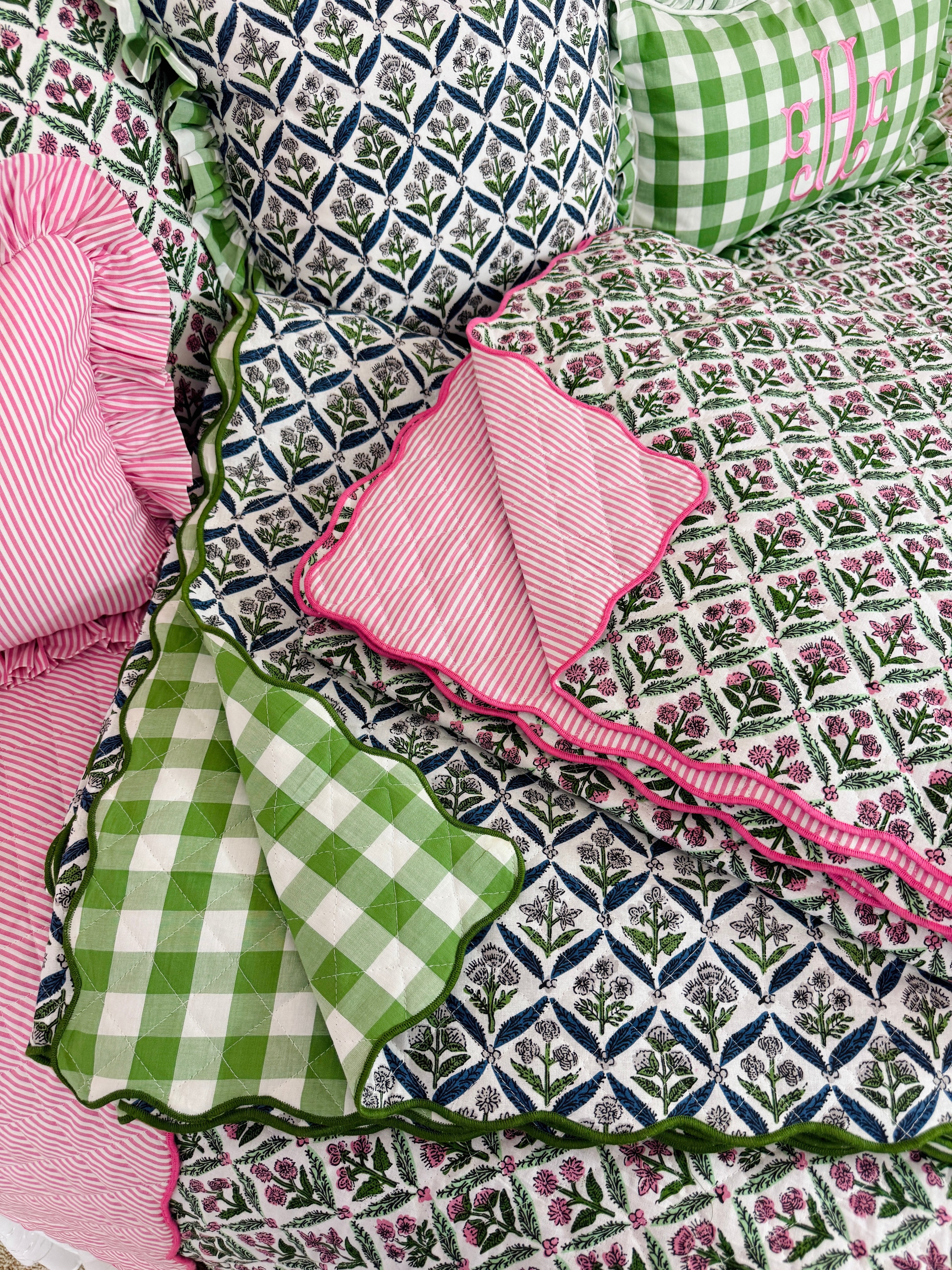 Blue and green floral trellis block print bedding collection