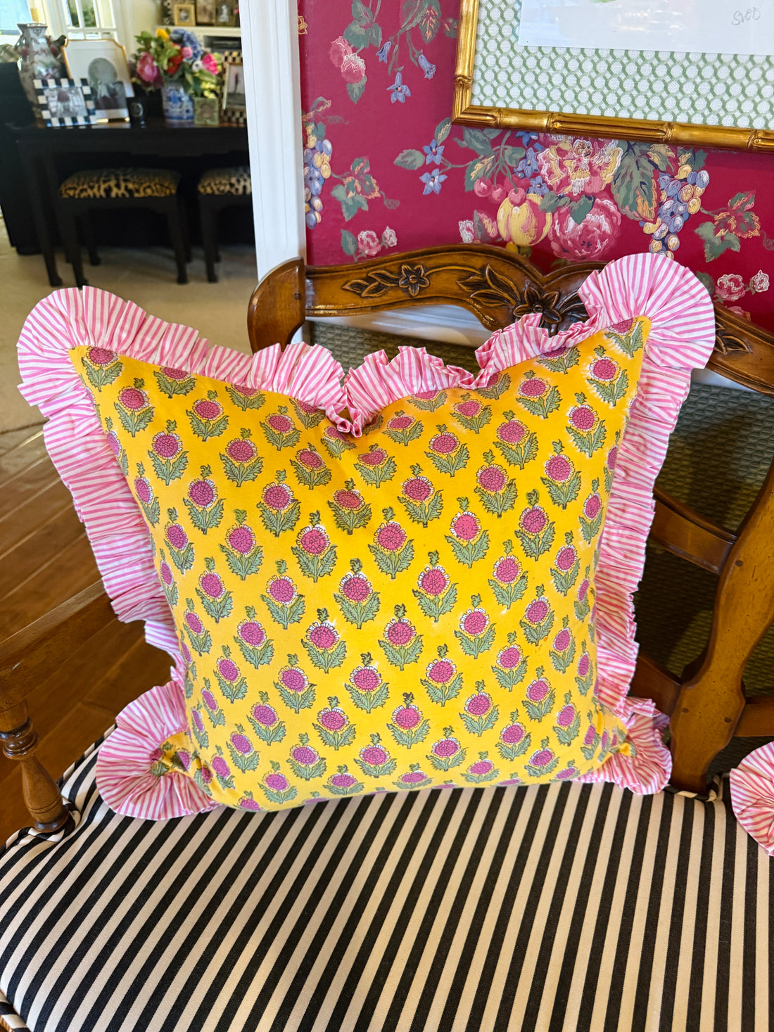 Yellow and pink block print floral pillow cover with pink striped ruffle, monogram available