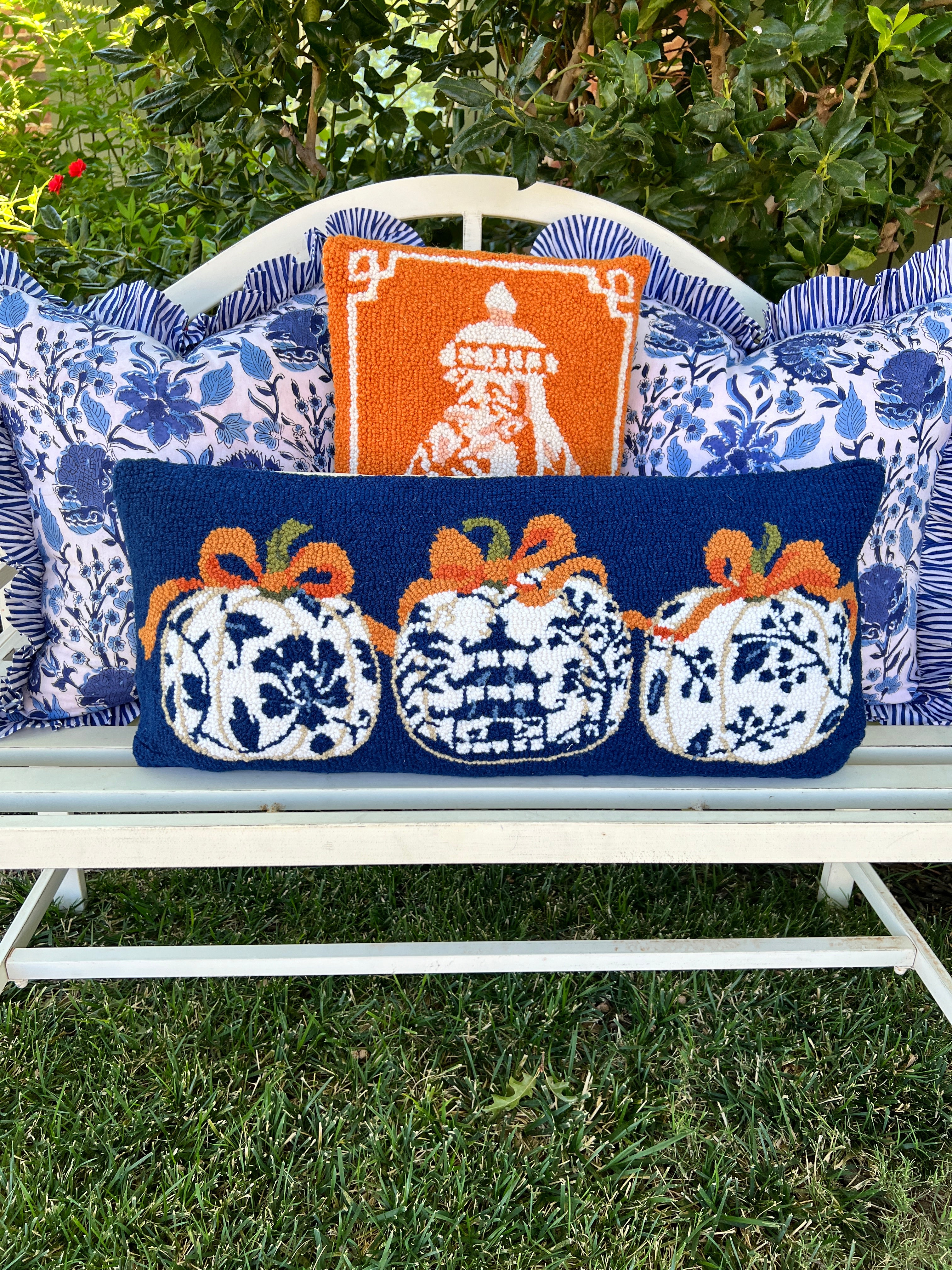 Blue chinoiserie pumpkin hooked pillow