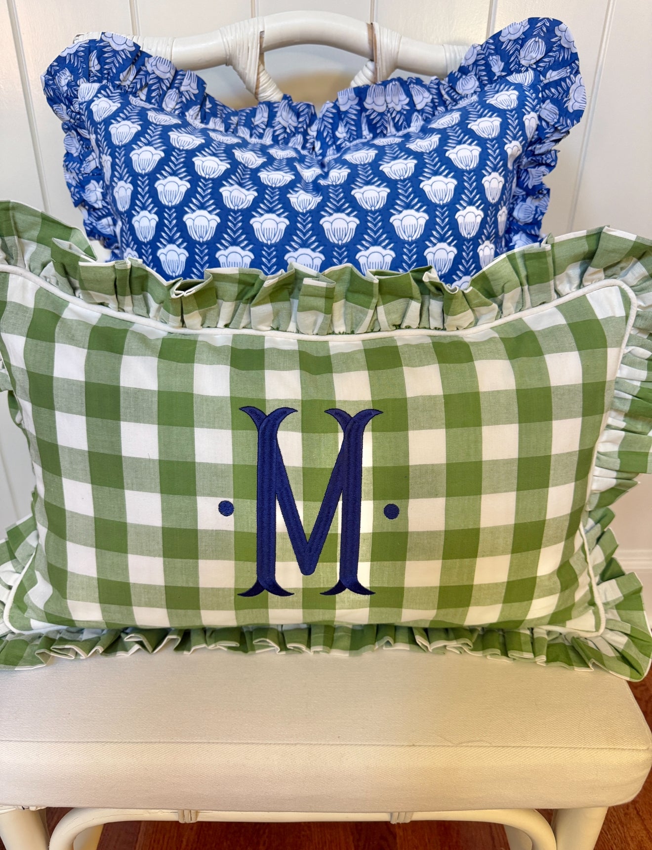 Blue and white tulip block print floral pillow cover, monogram available