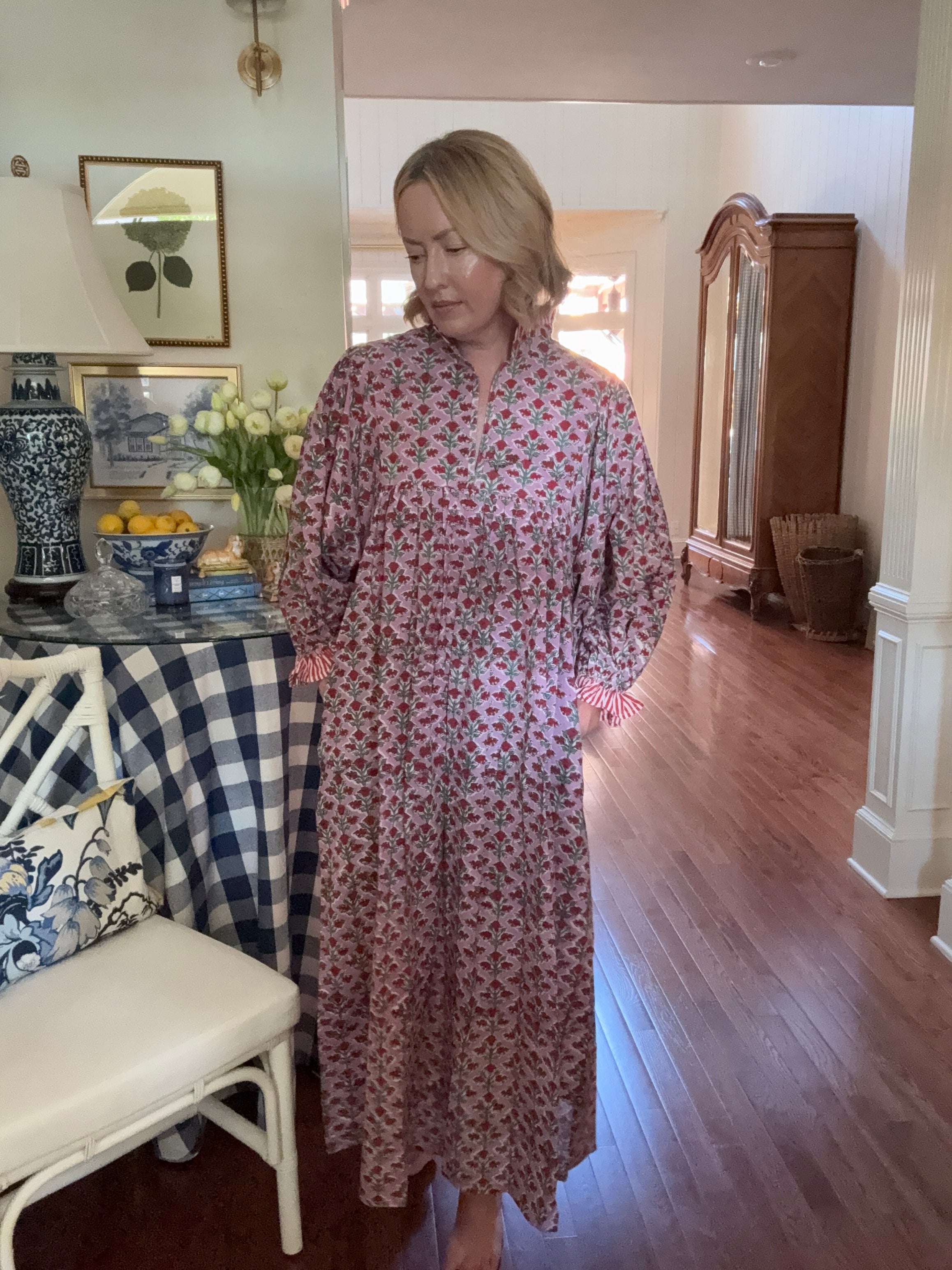 Lillie caftan maxi dress lavender and red hand block print floral