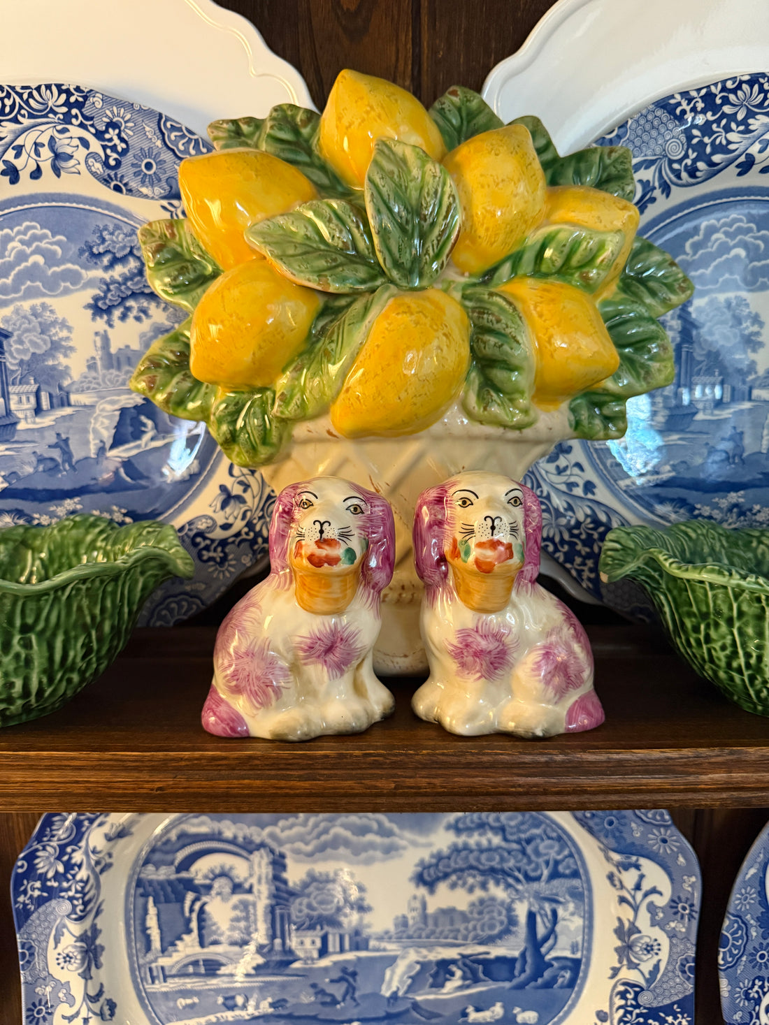 Mini pink porcelain Staffordshire dogs with flower baskets figurine pair