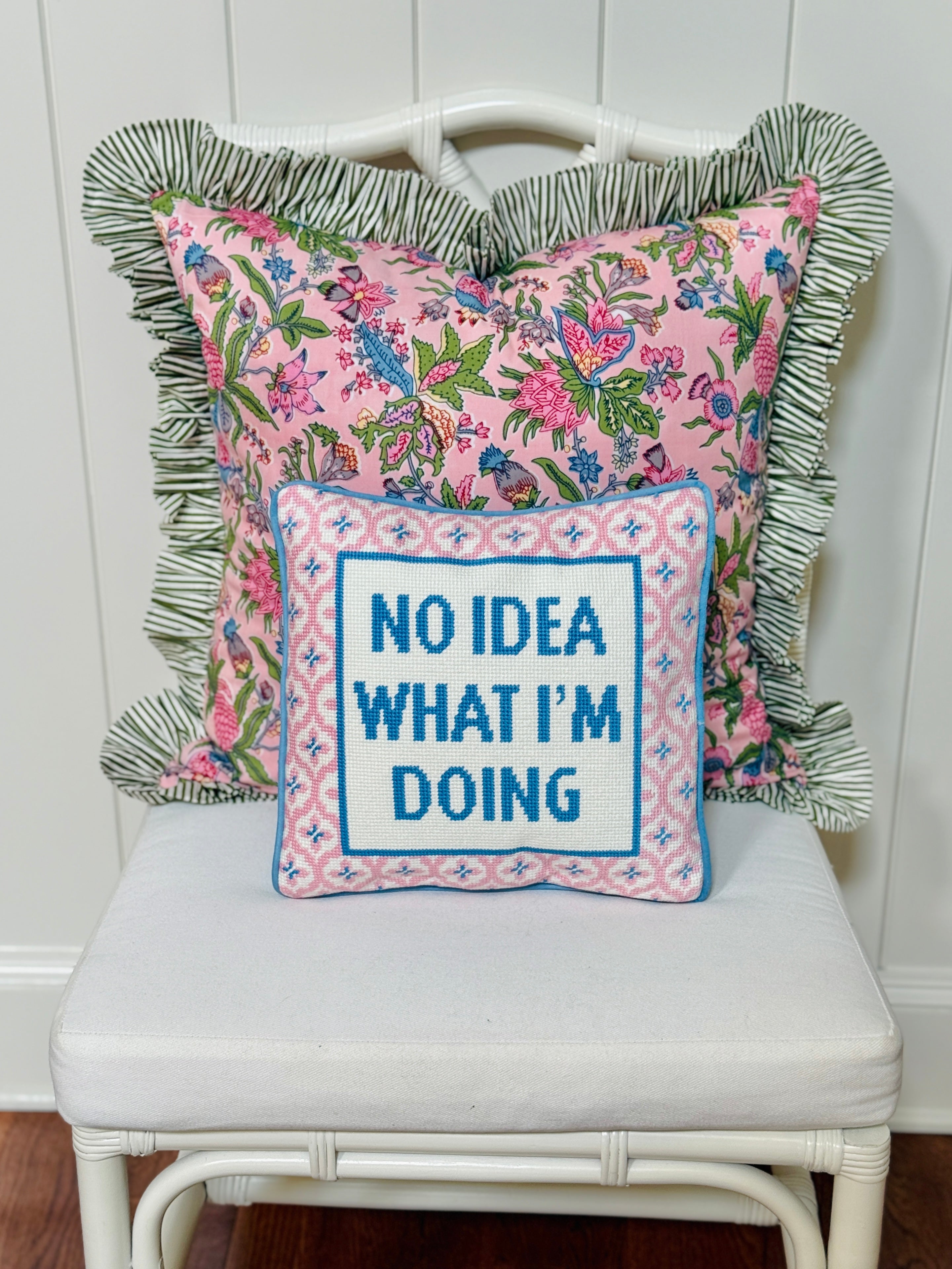Gigi floral pillow cover with pink striped ruffle trim, 3 colors