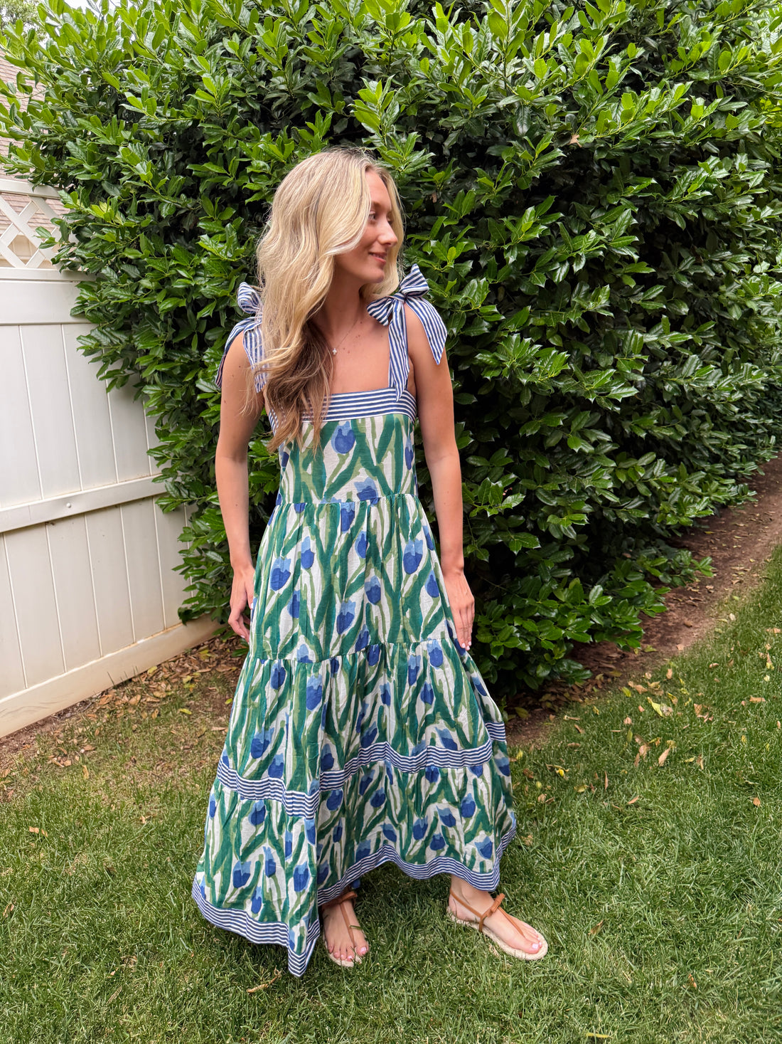 Maisie Maxi Dress in blue and green tulip block print