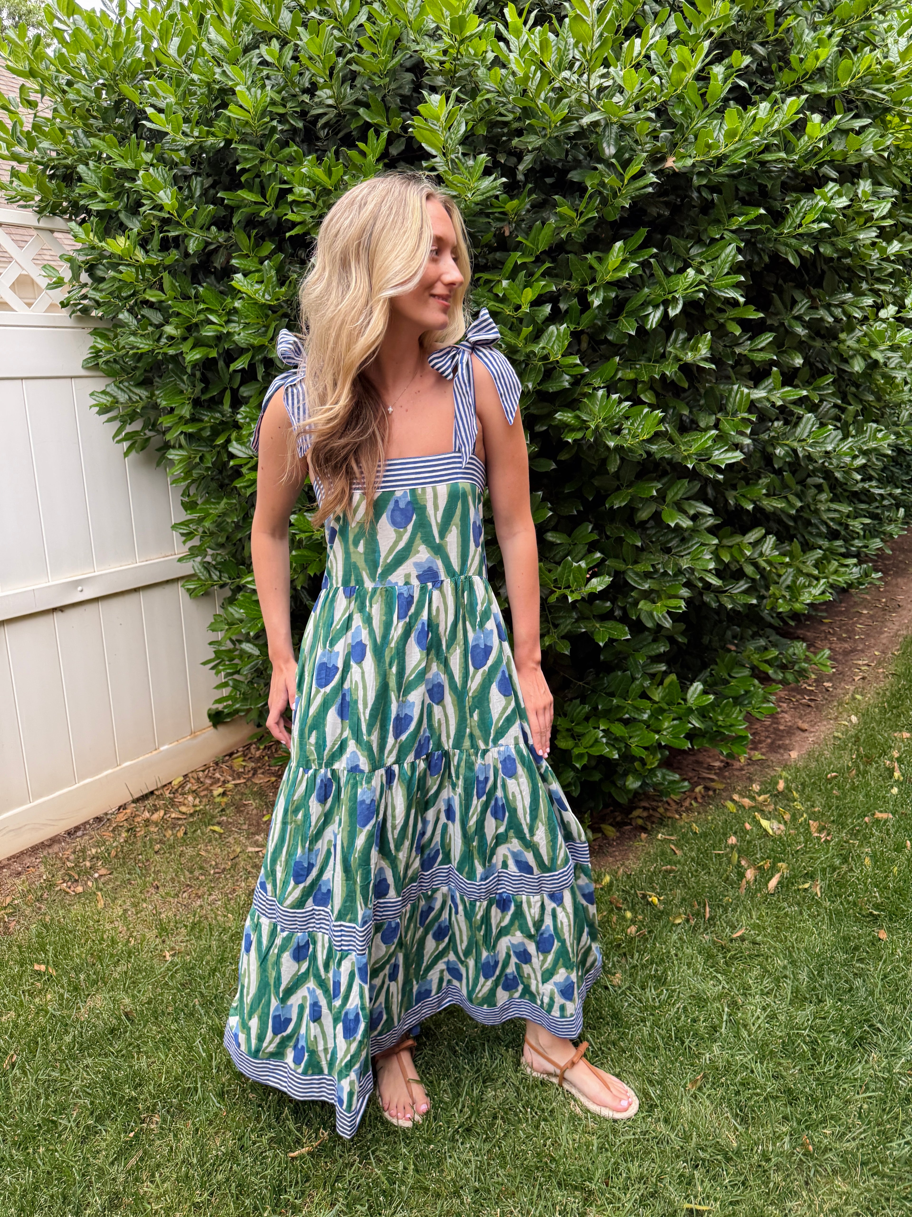 Maisie Maxi Dress in blue and green tulip block print