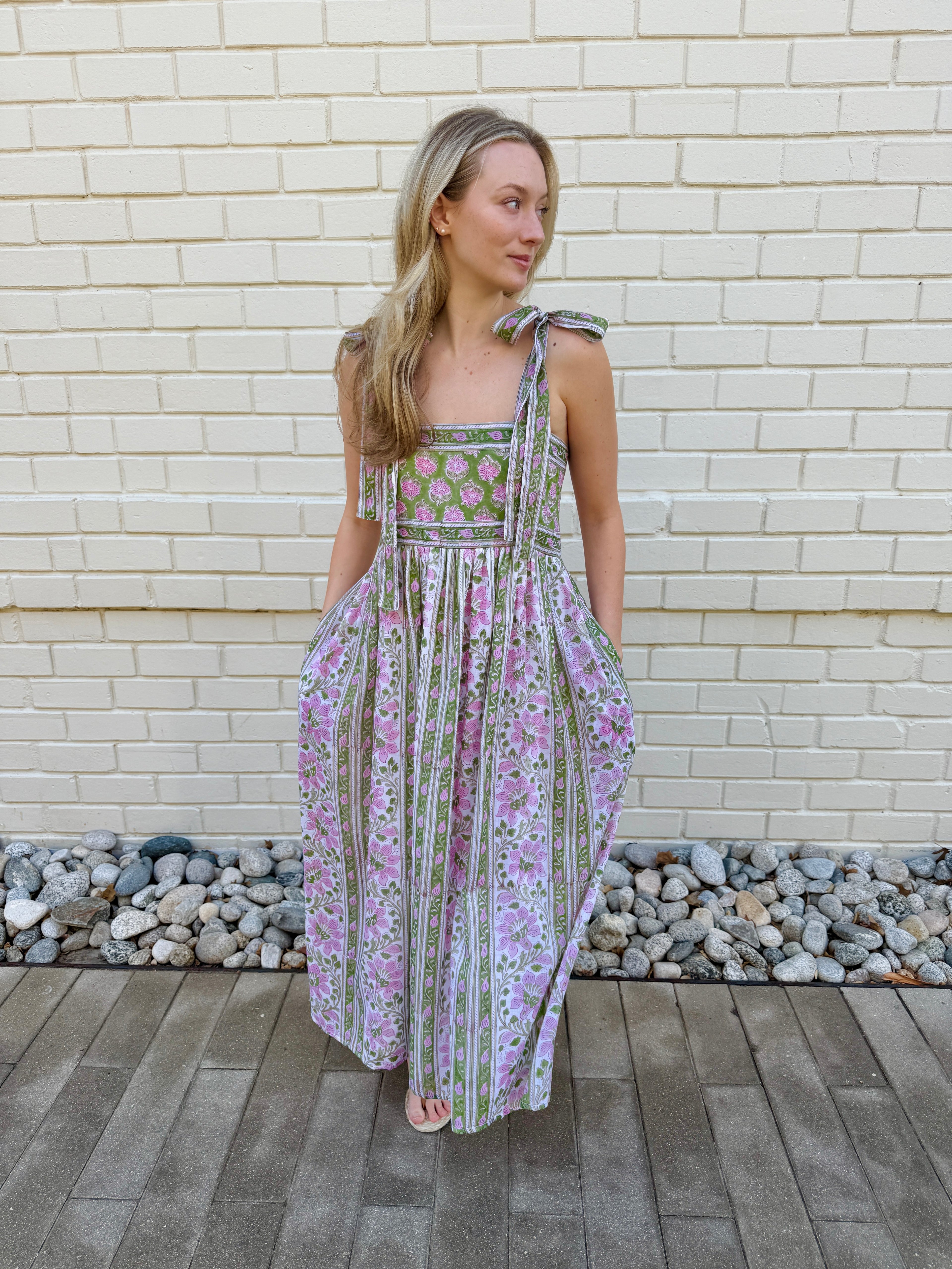 Lottie dress with tie shoulders in pink and green