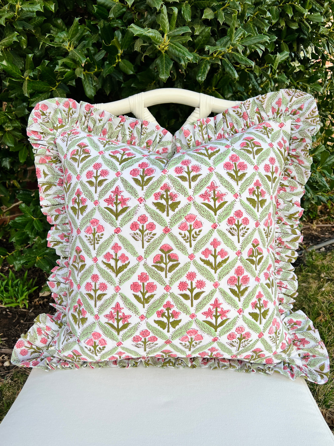 Rose and green floral trellis block print ruffle pillow cover