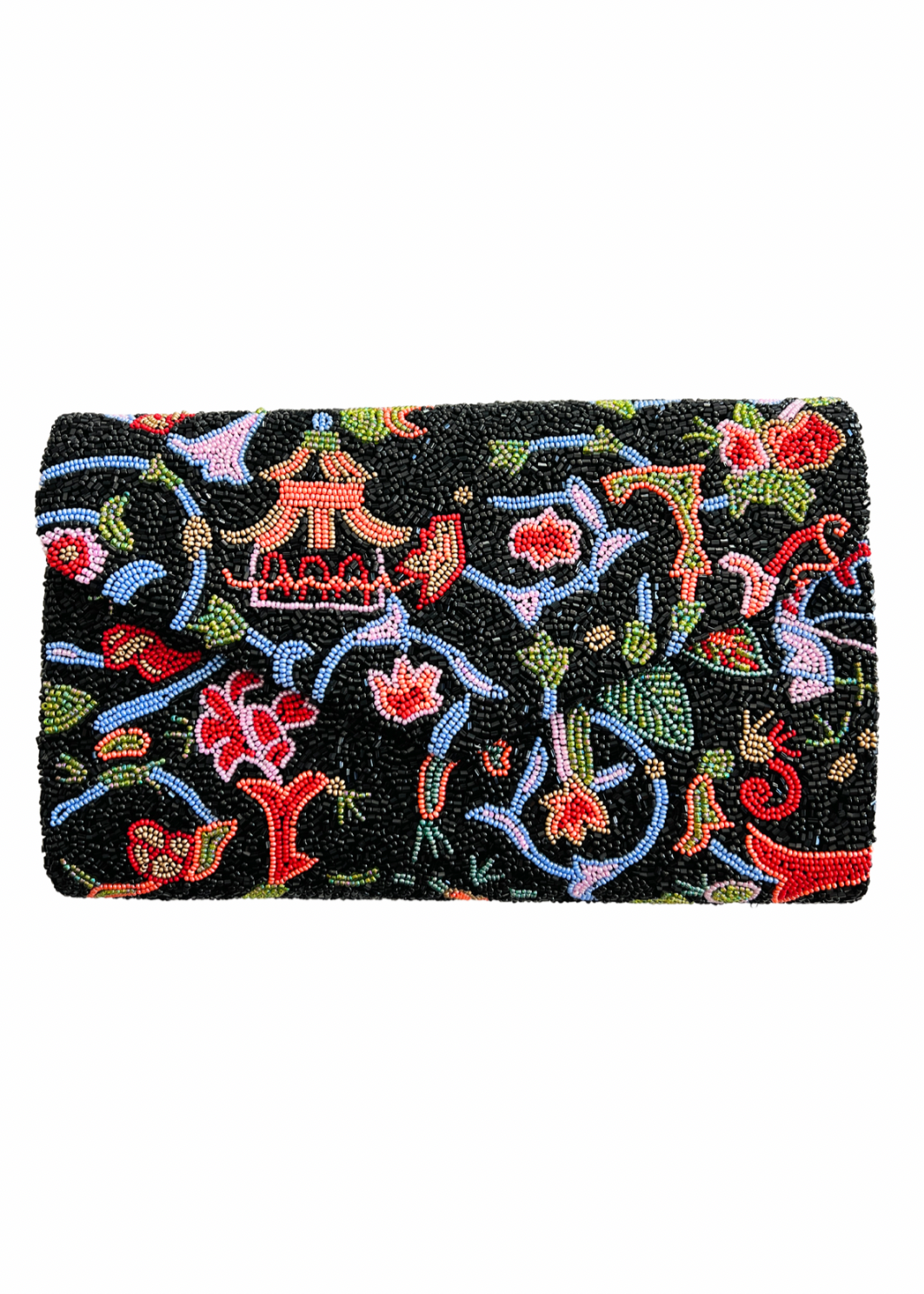 Hand beaded clutch handbag, black chinoiserie pattern