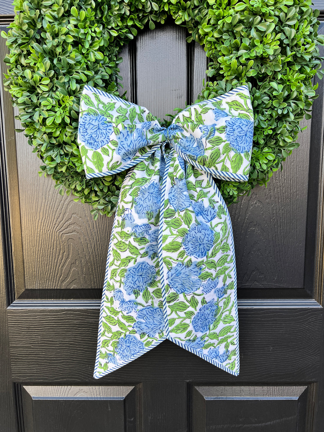 Blue and green hydrangea block print floral wreath sash bow with blue striped piping, monogram available