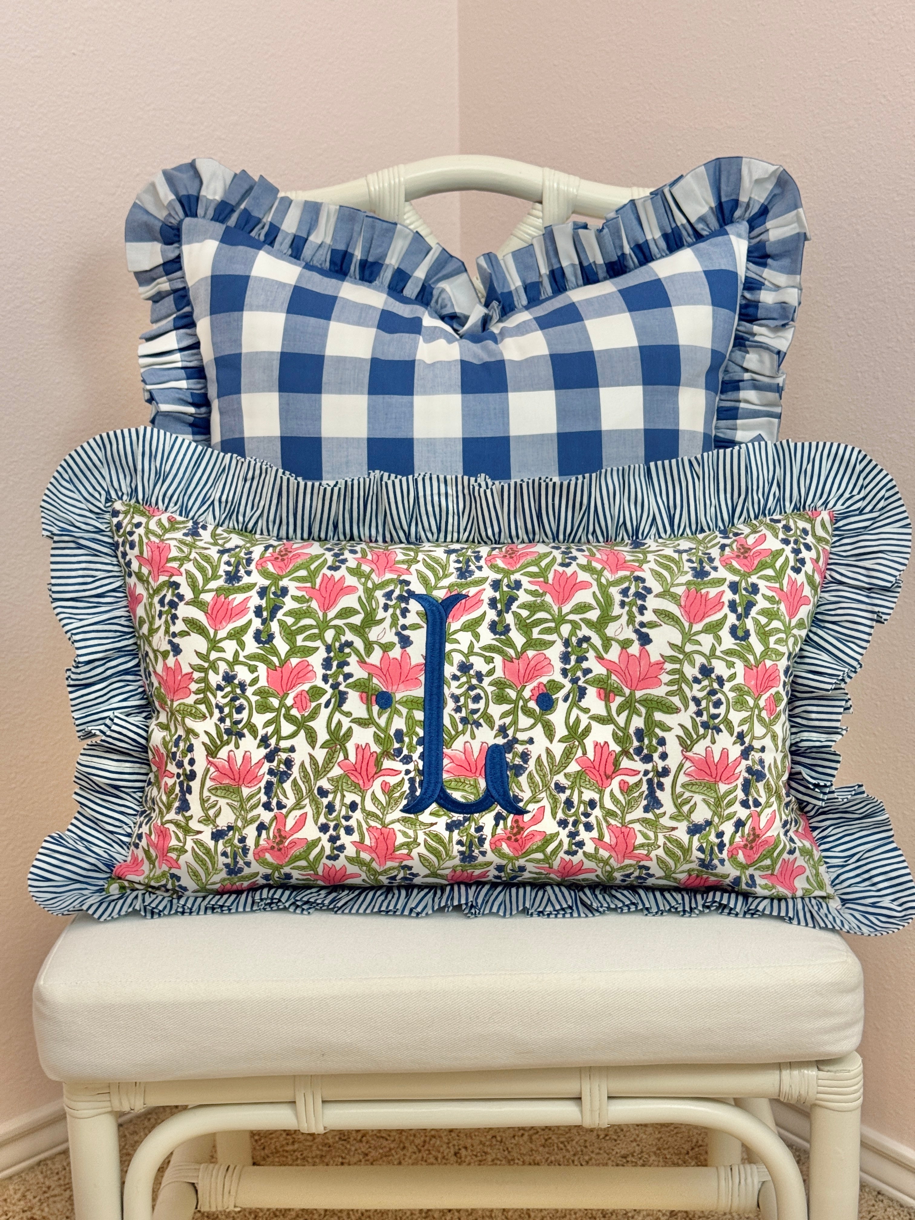 Blue, pink, and green floral pillow cover, two sizes