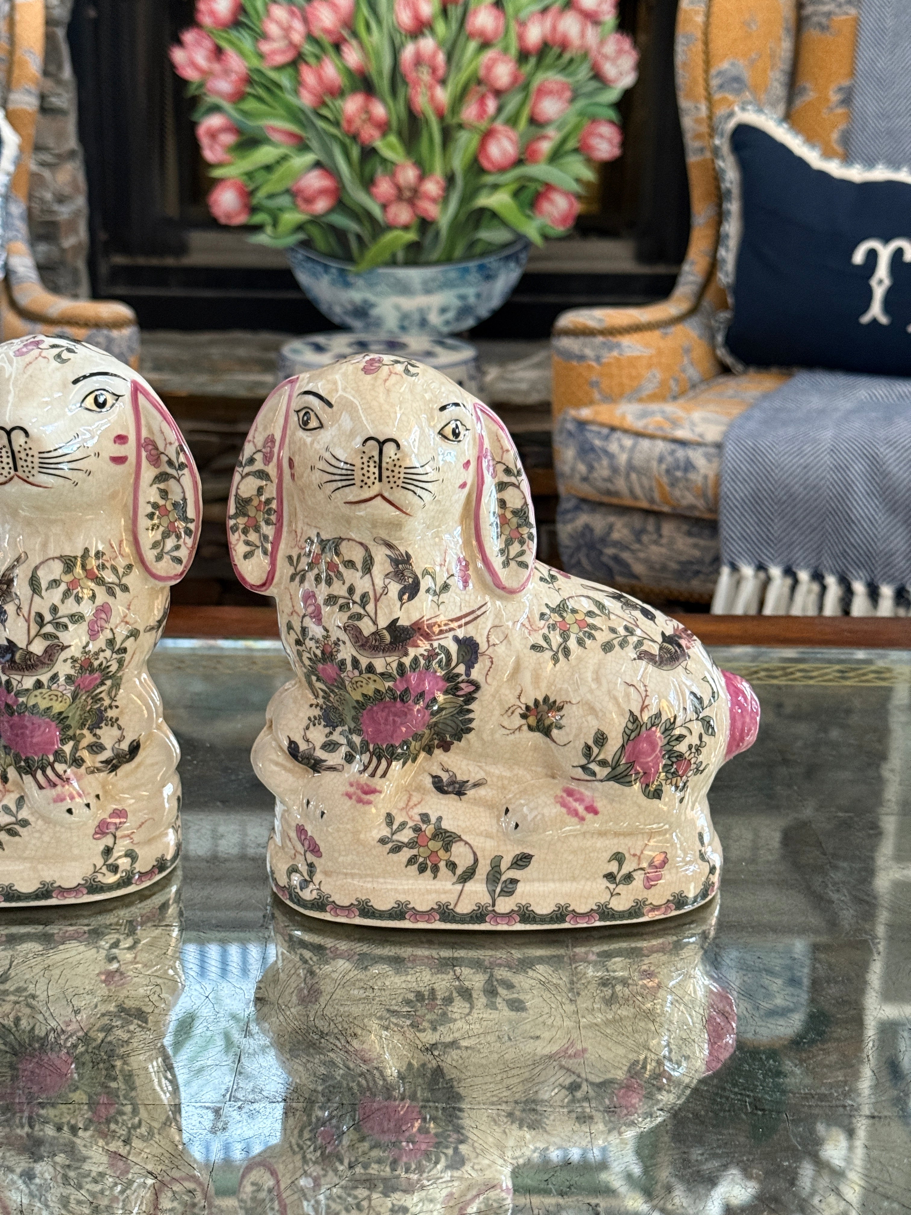 Rose medallion porcelain Staffordshire bunny pair