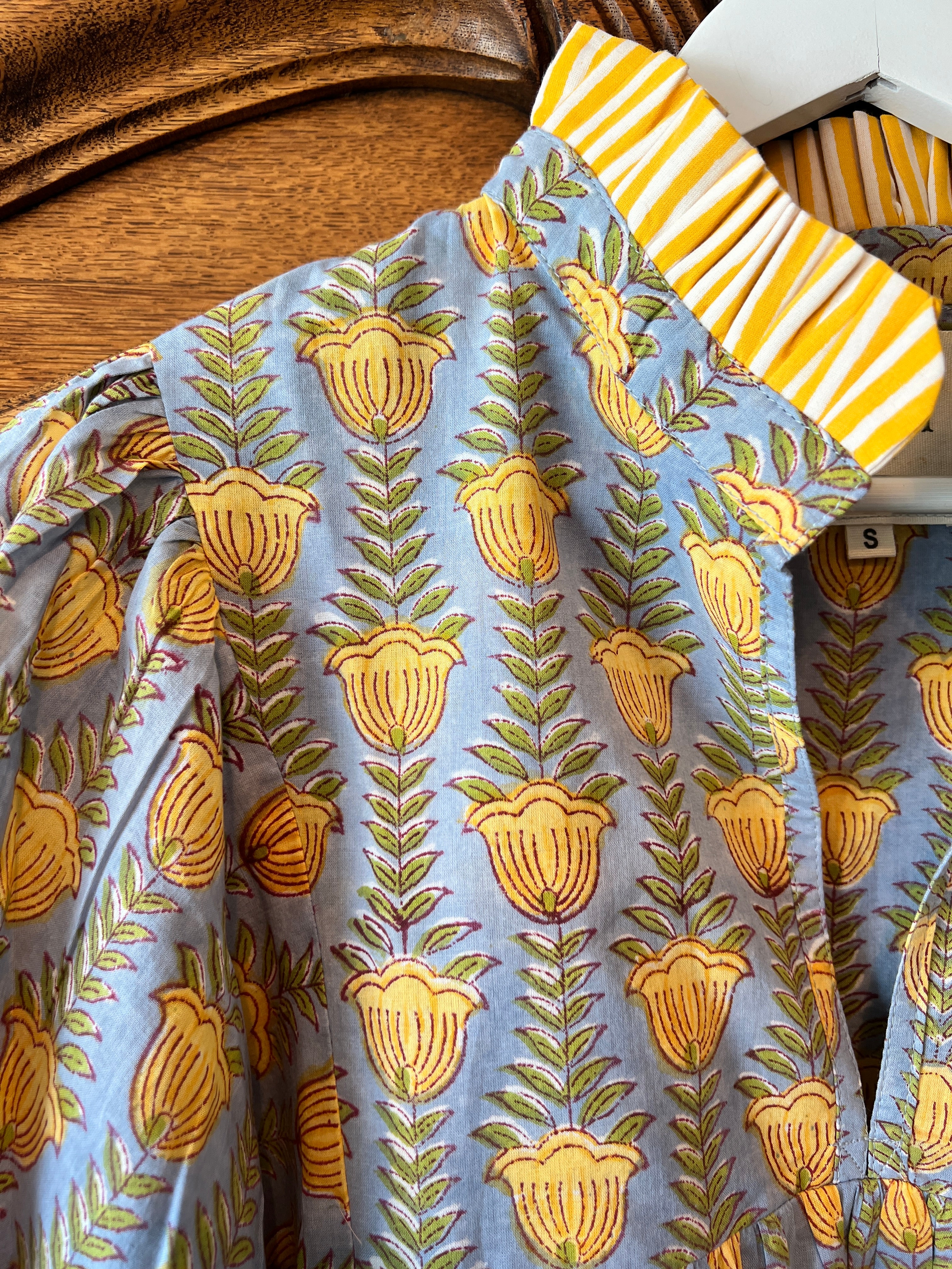 Lillie caftan maxi dress in blue and yellow buttercup block print