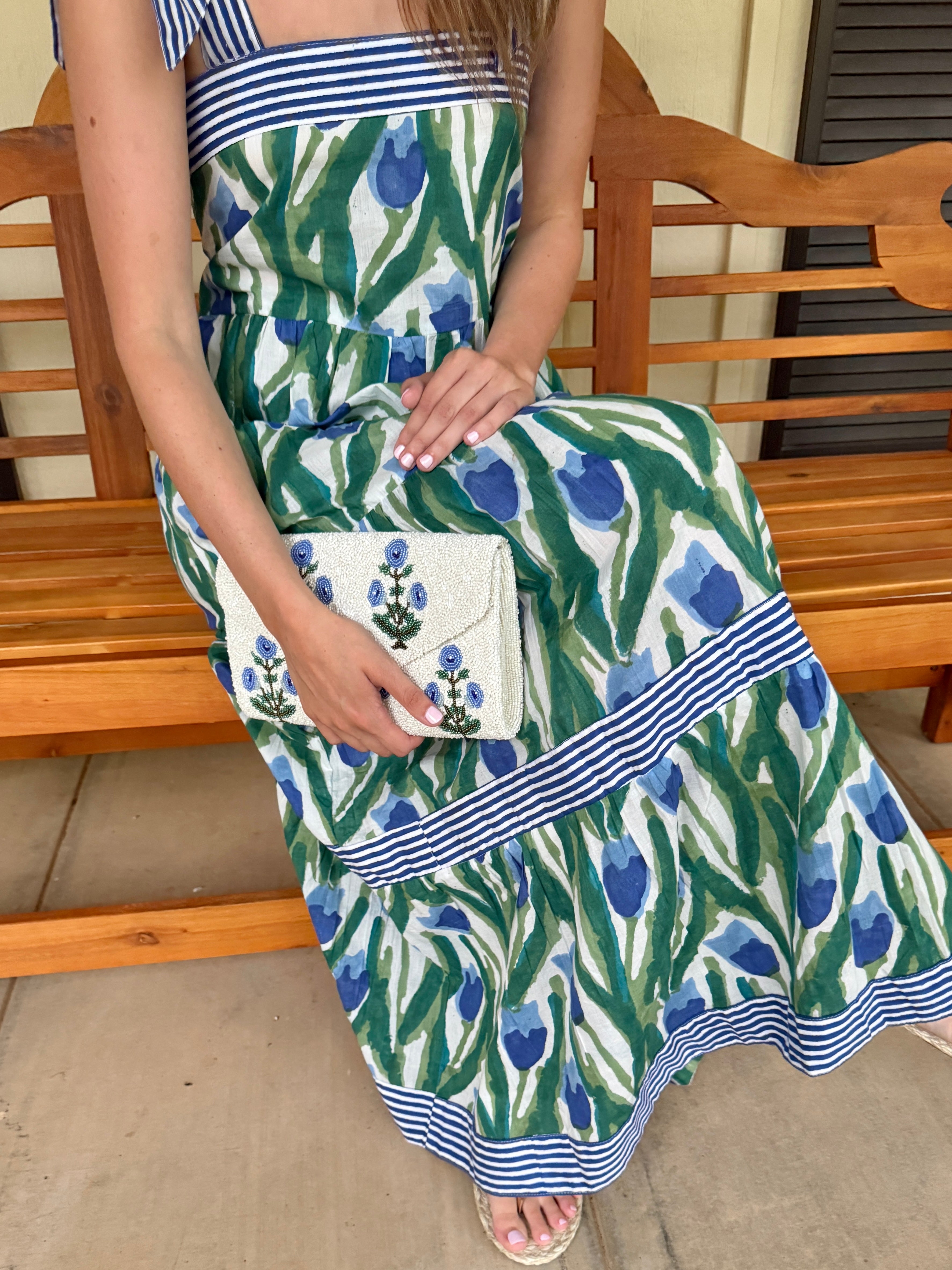 Maisie Maxi Dress in blue and green tulip block print