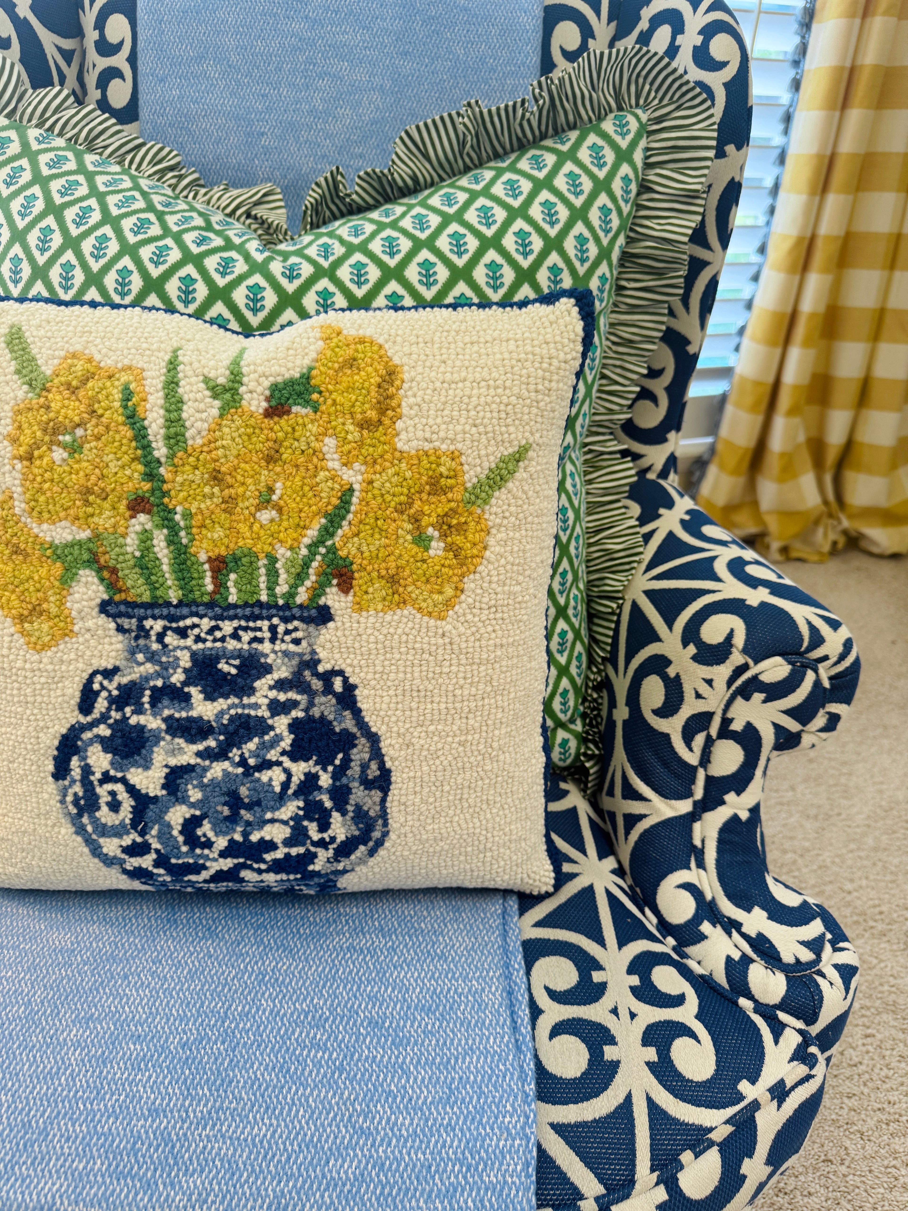 Hand hooked wool yellow daffodils and chinoiserie pillow
