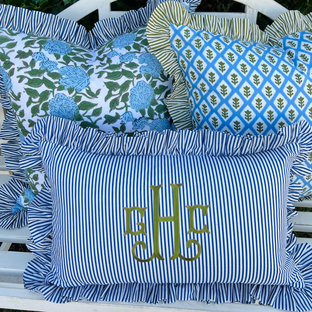 Blue and green floral block print pillow cover with ruffle trim
