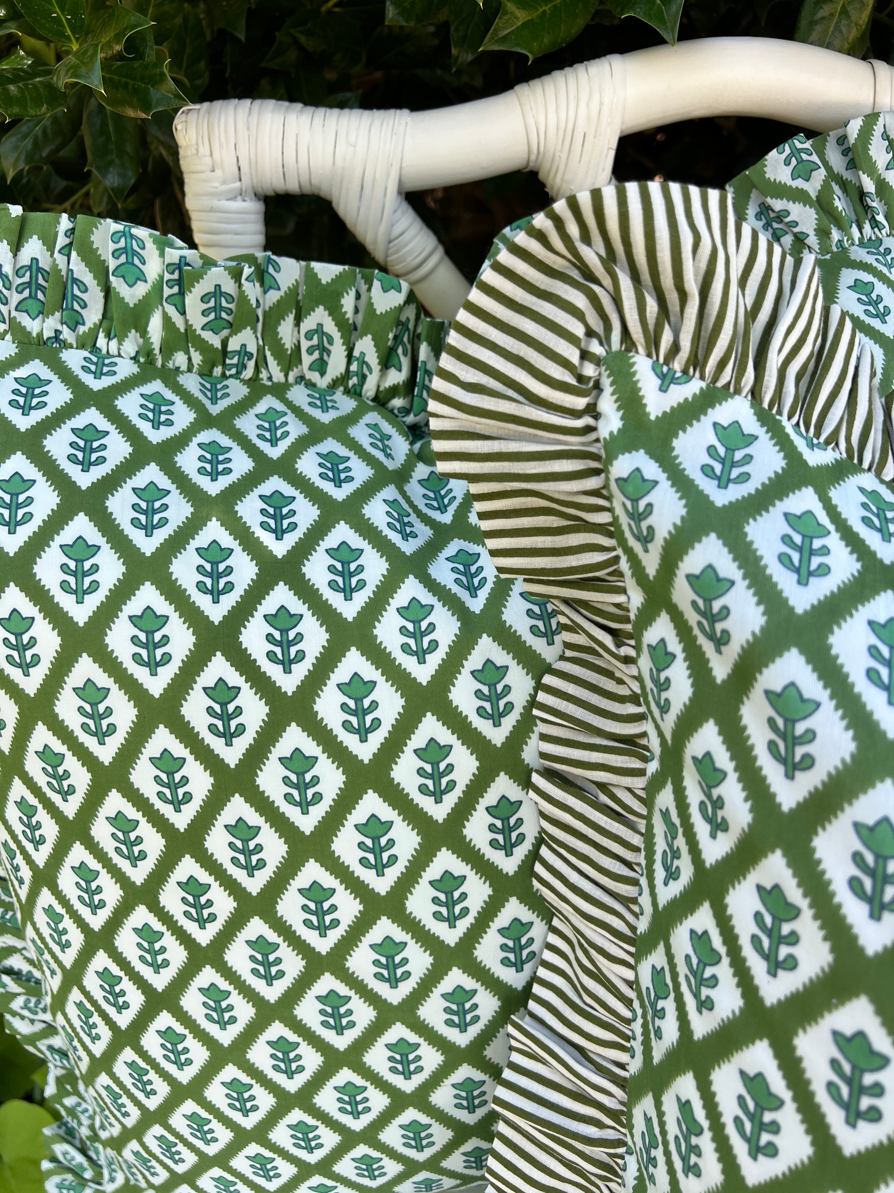Green block print pillow cover with ruffle flange