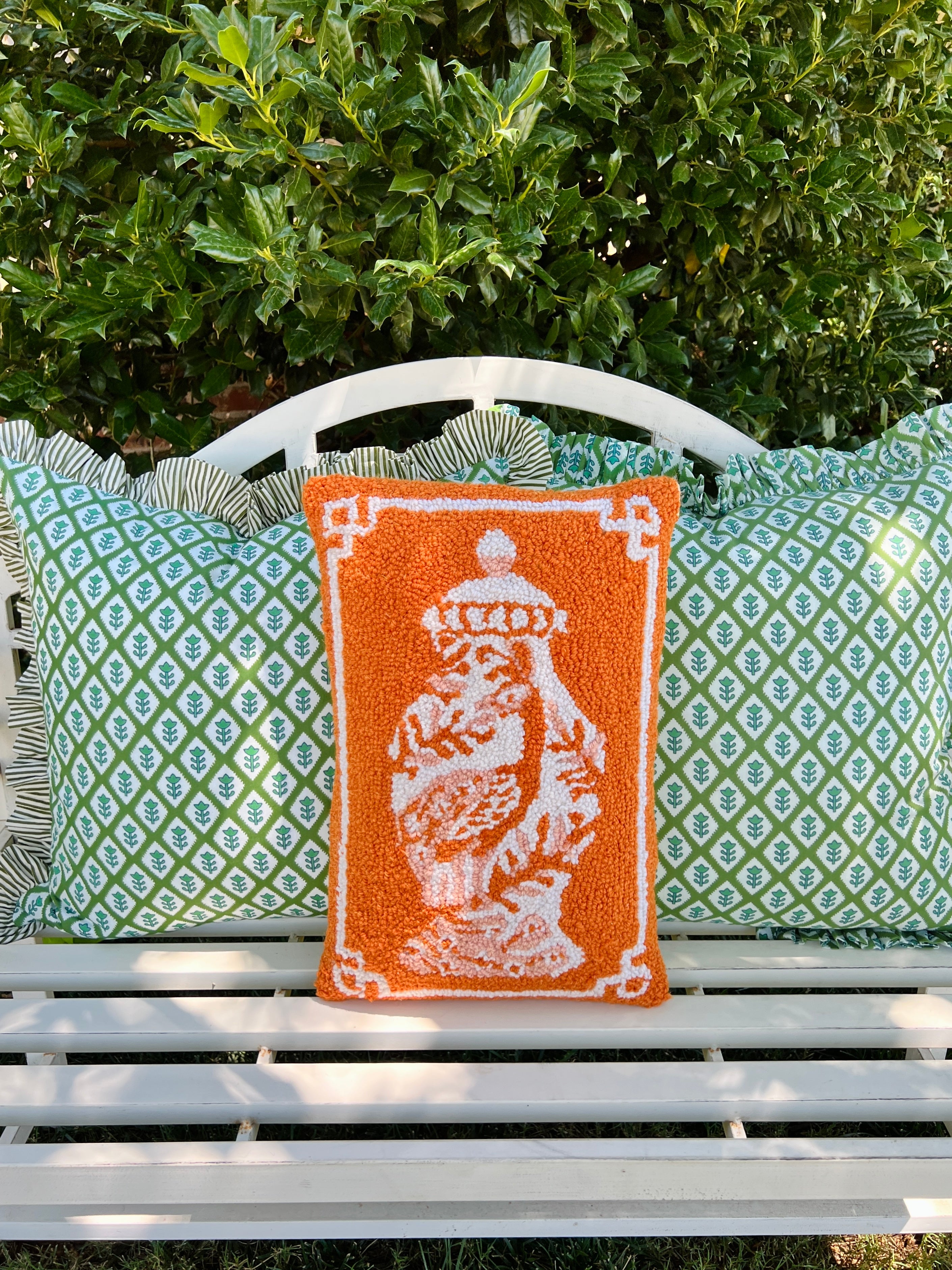 Green block print pillow cover with ruffle flange