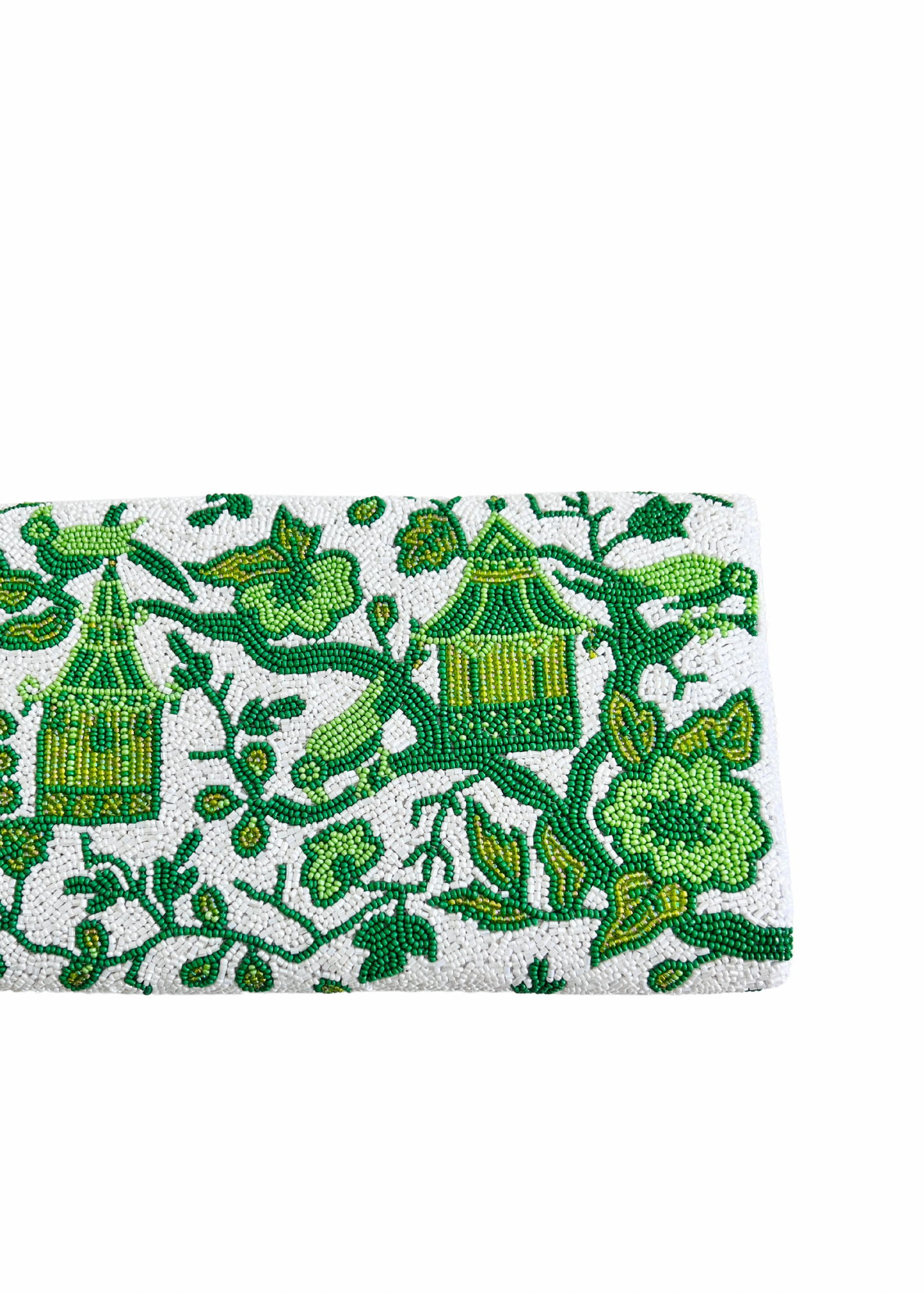 Hand beaded green and white chinoiserie clutch