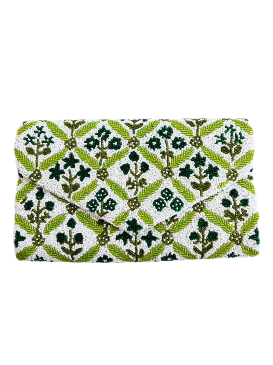 Hand beaded green and white block print floral trellis clutch