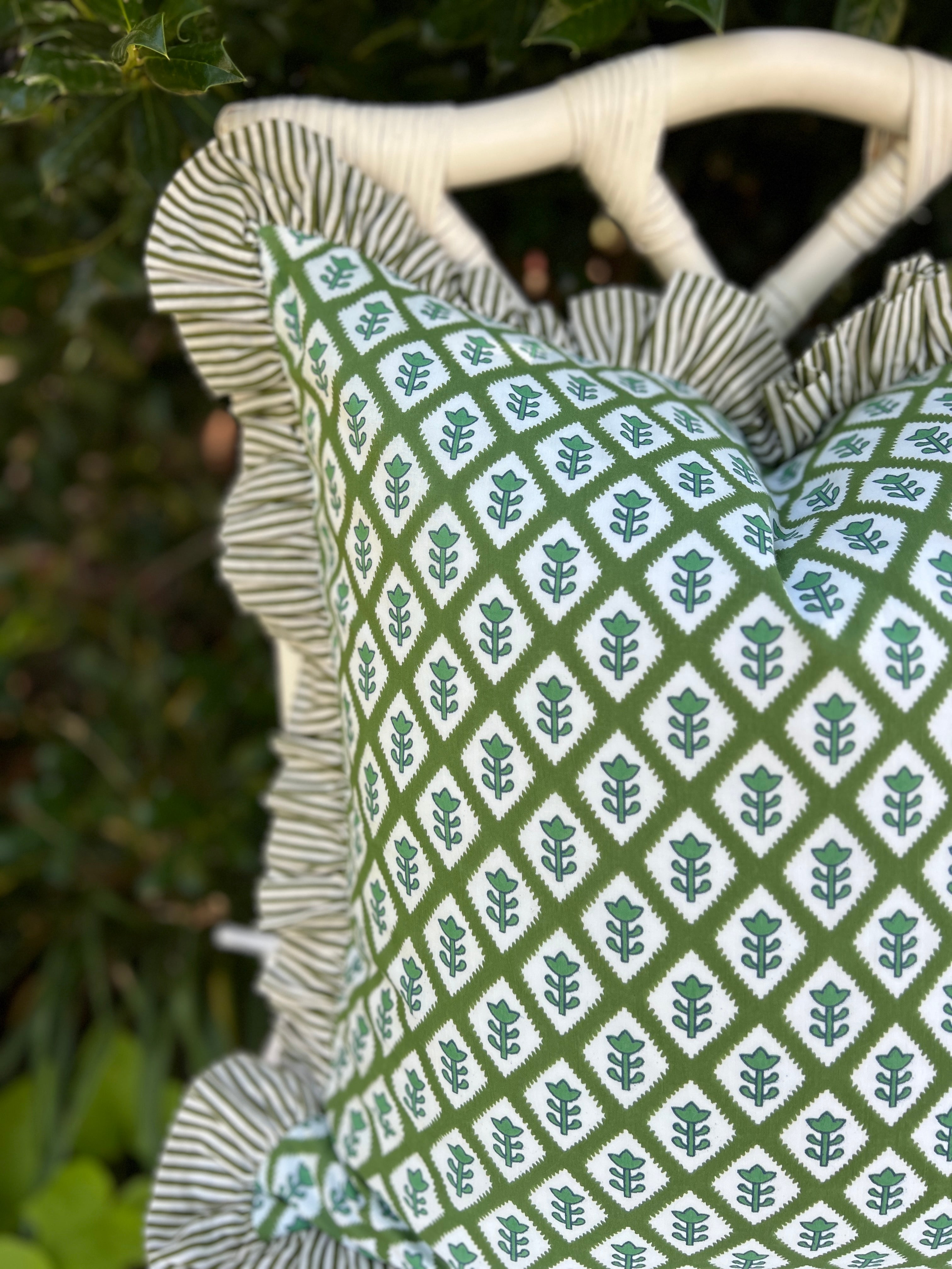 Green block print pillow cover with ruffle flange