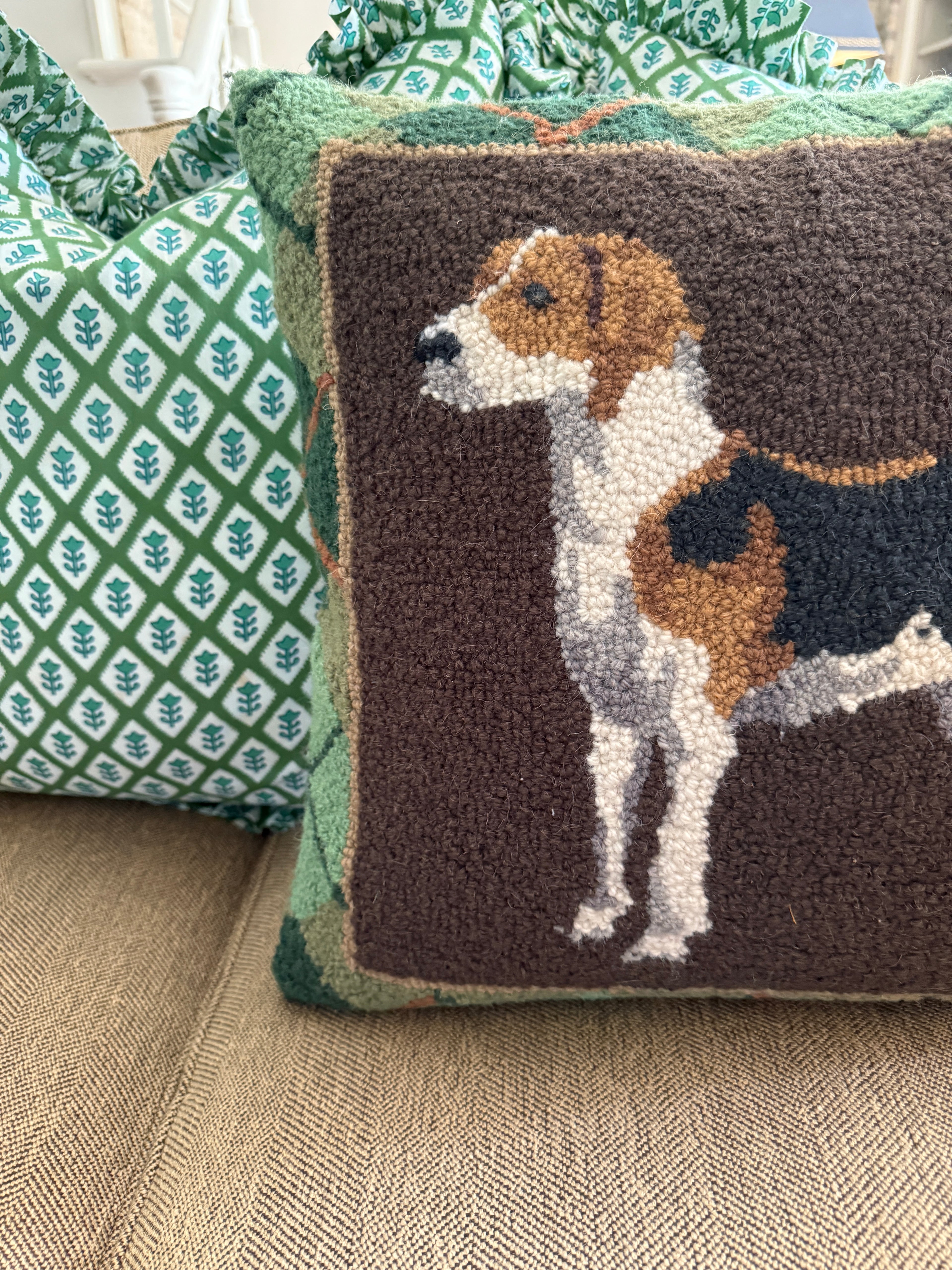 Hand hooked wool foxhound dog pillow