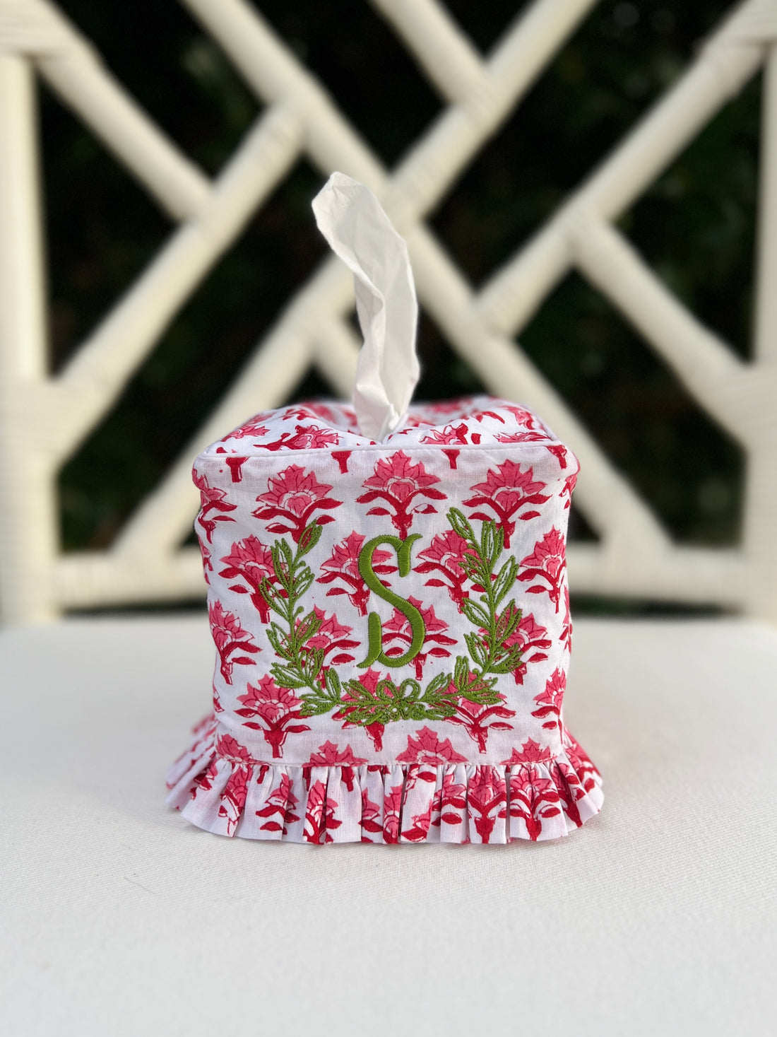 Red and pink block print ruffle tissue cover, custom monogram available