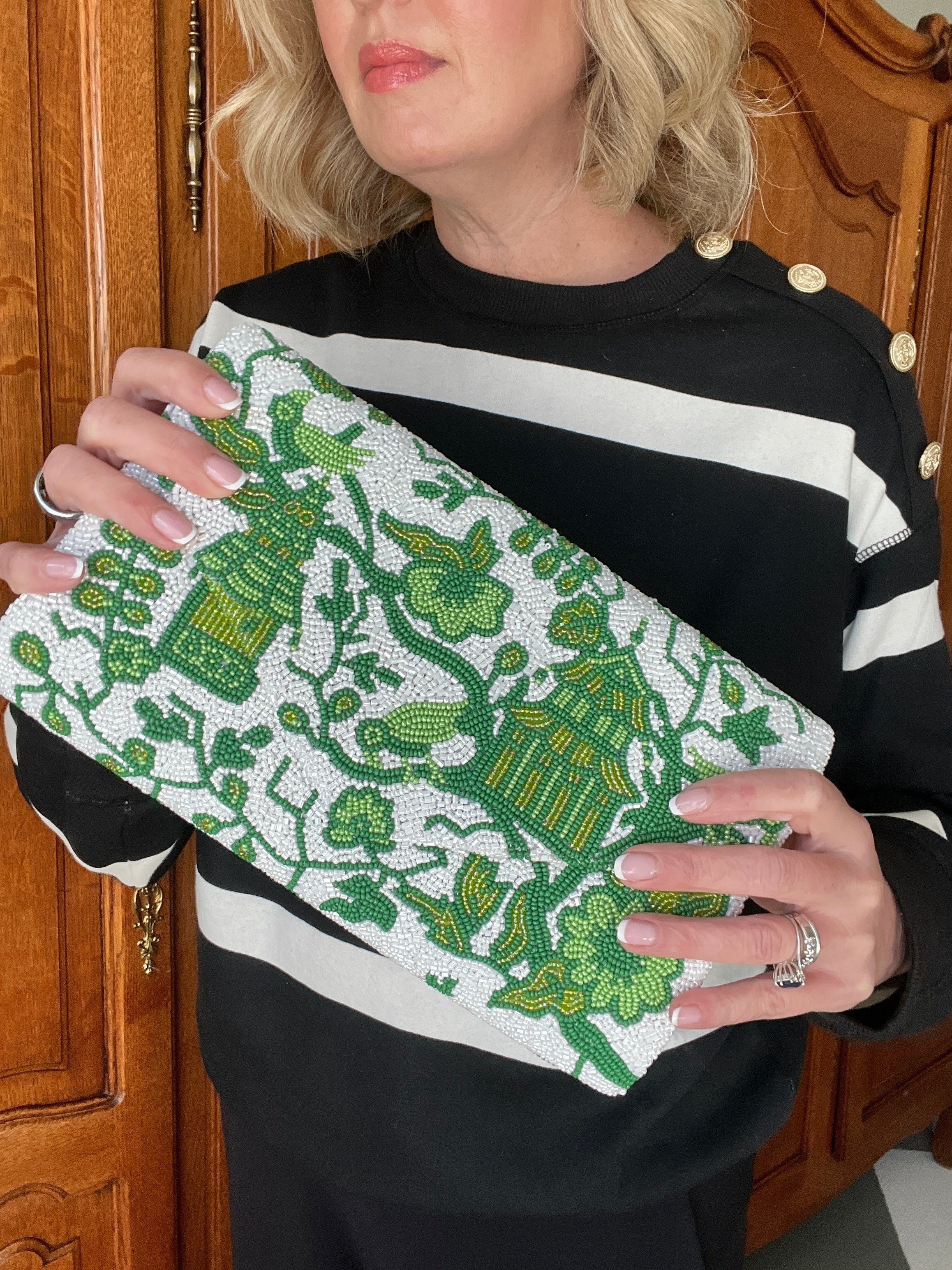 Hand beaded green and white chinoiserie clutch