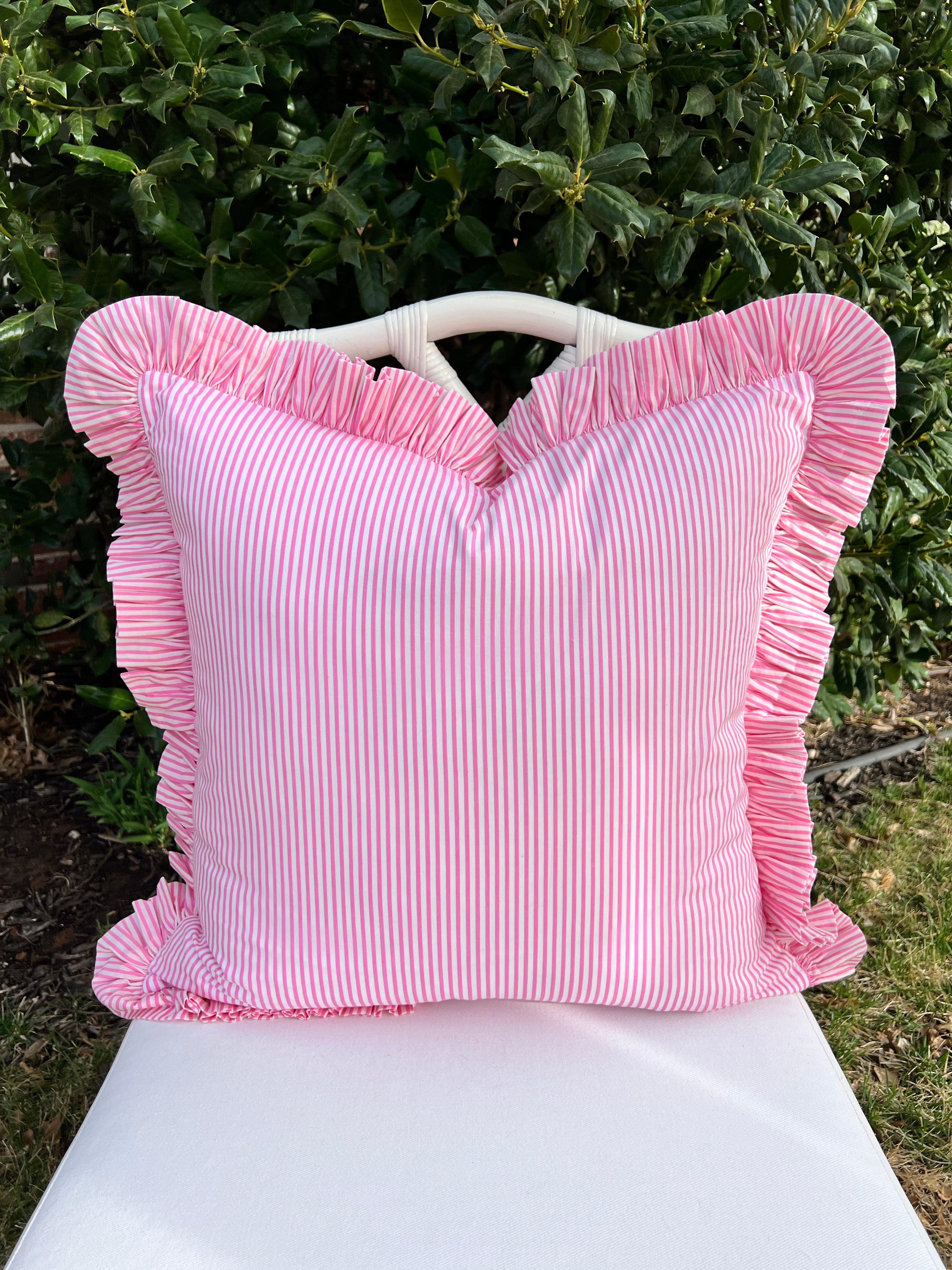 Pink striped ruffle pillow cover
