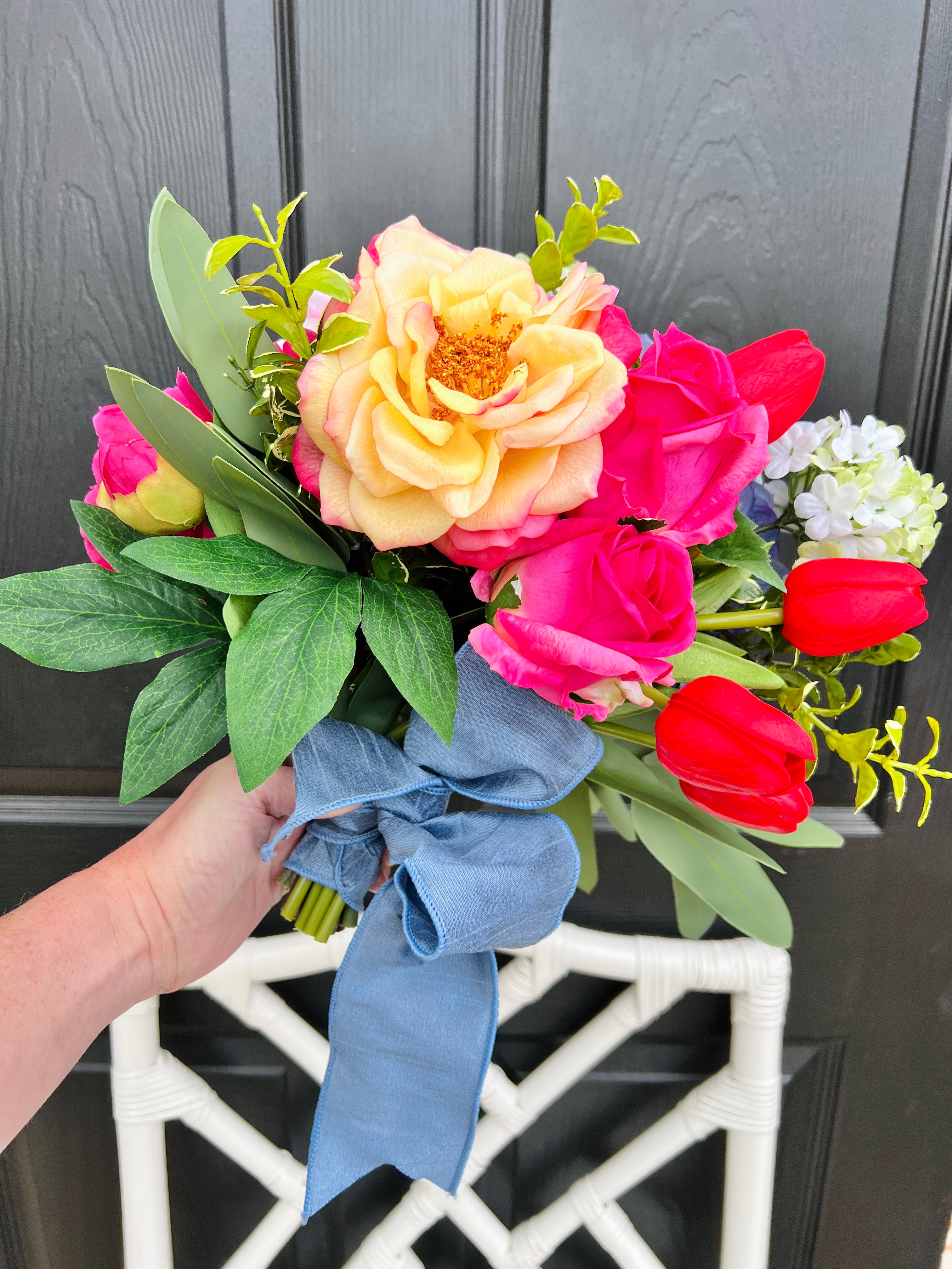 Faux flower drop-in bouquet arrangement, bright colors mixed floral