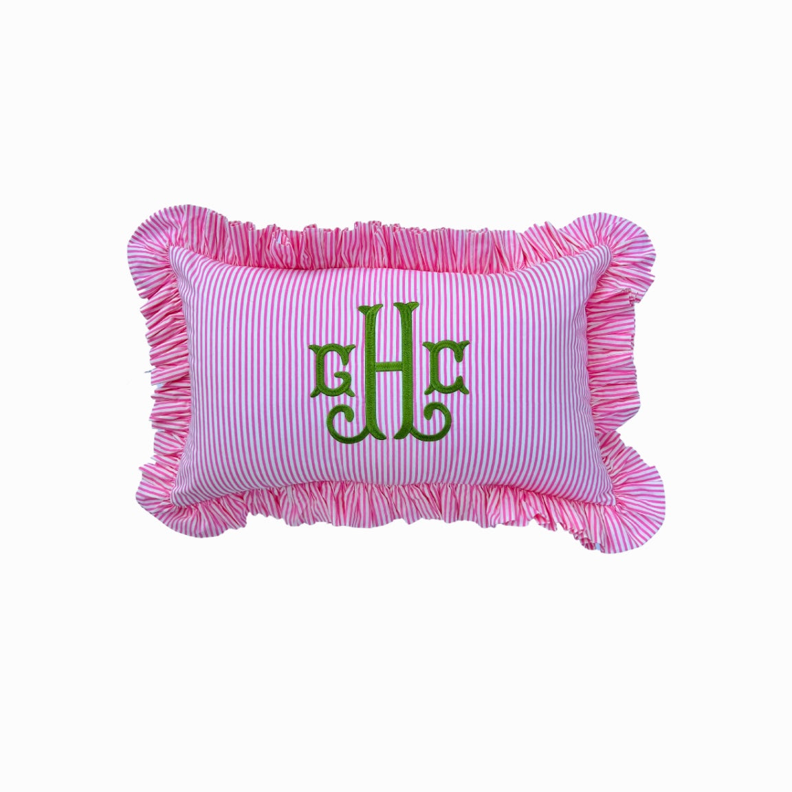 Pink striped ruffle pillow cover