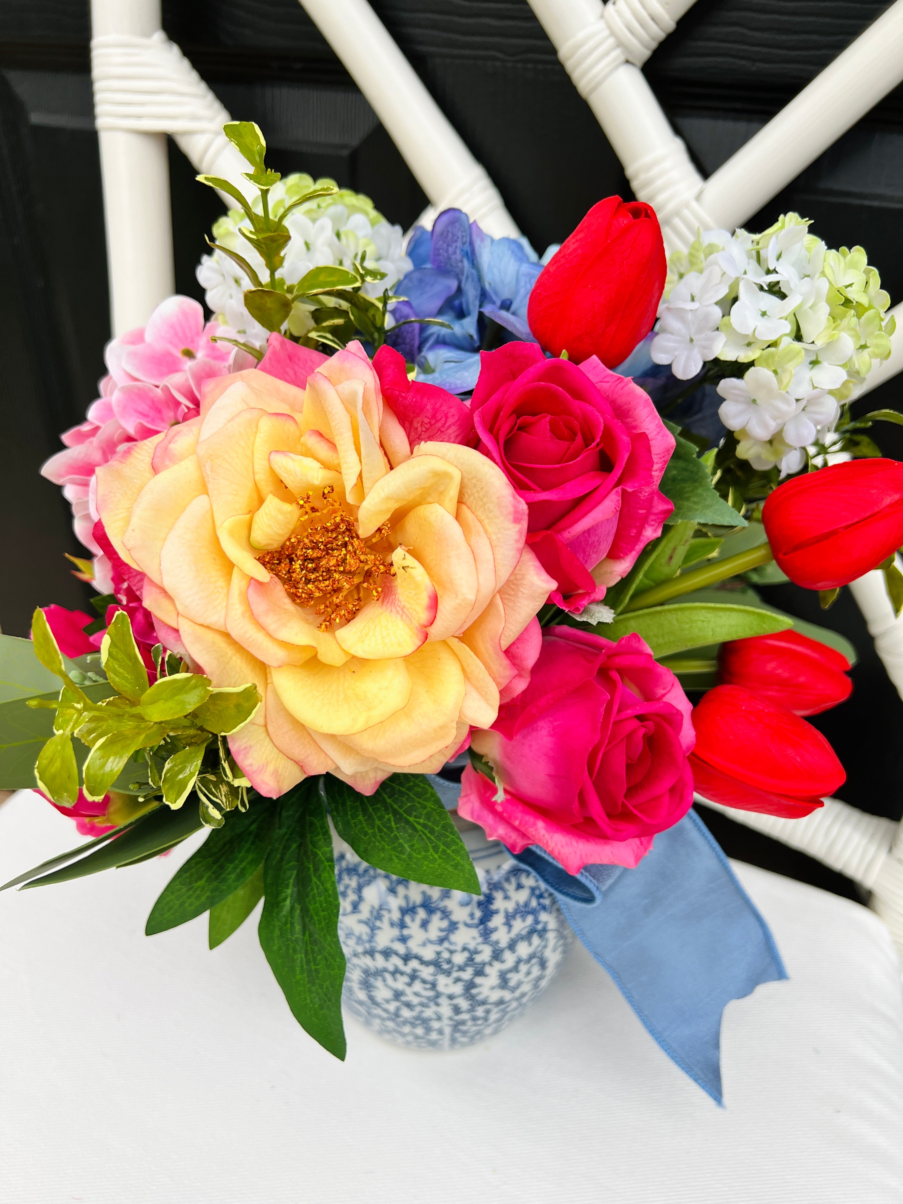 Faux flower drop-in bouquet arrangement, bright colors mixed floral