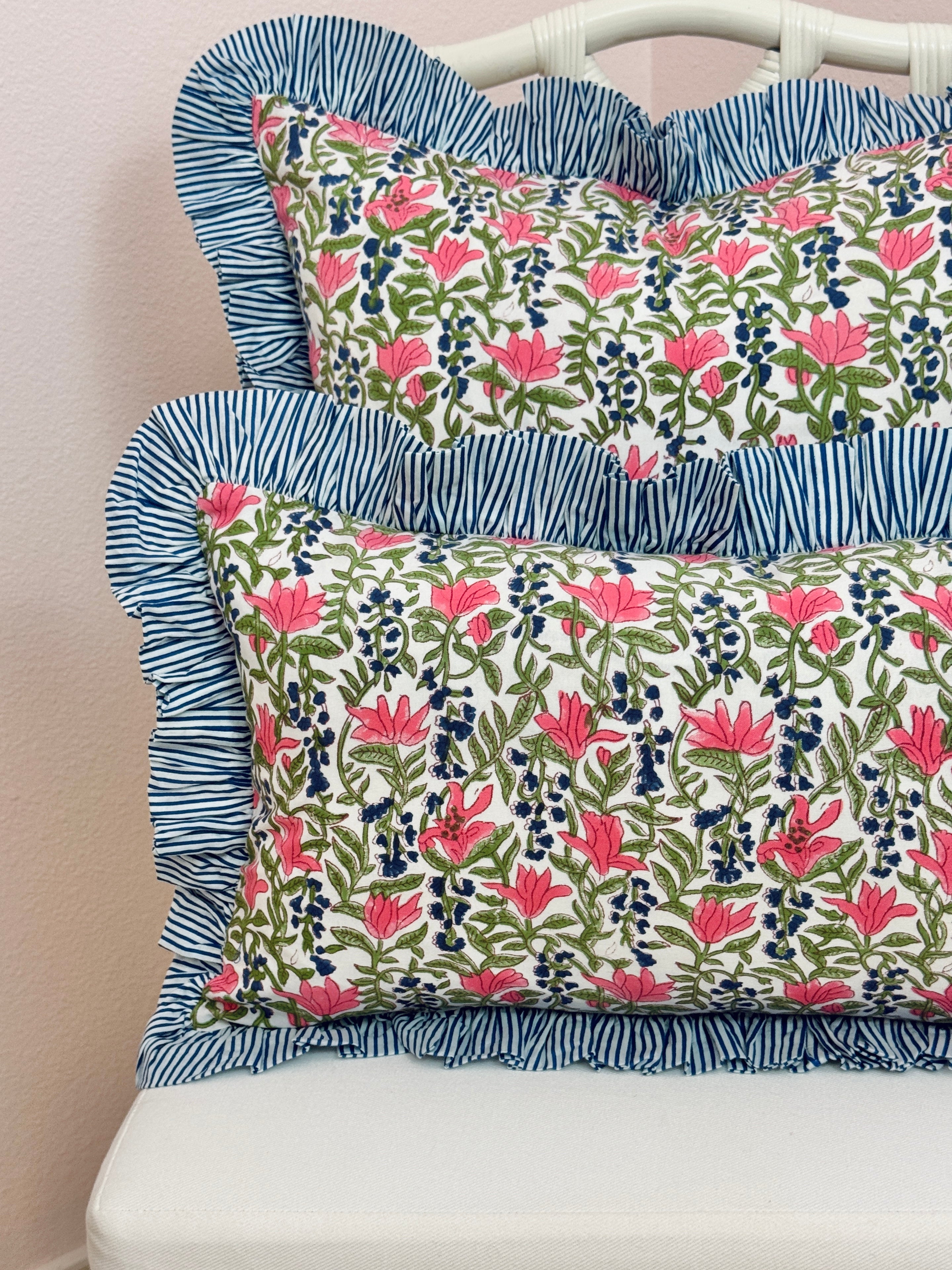 Blue, pink, and green floral pillow cover, two sizes