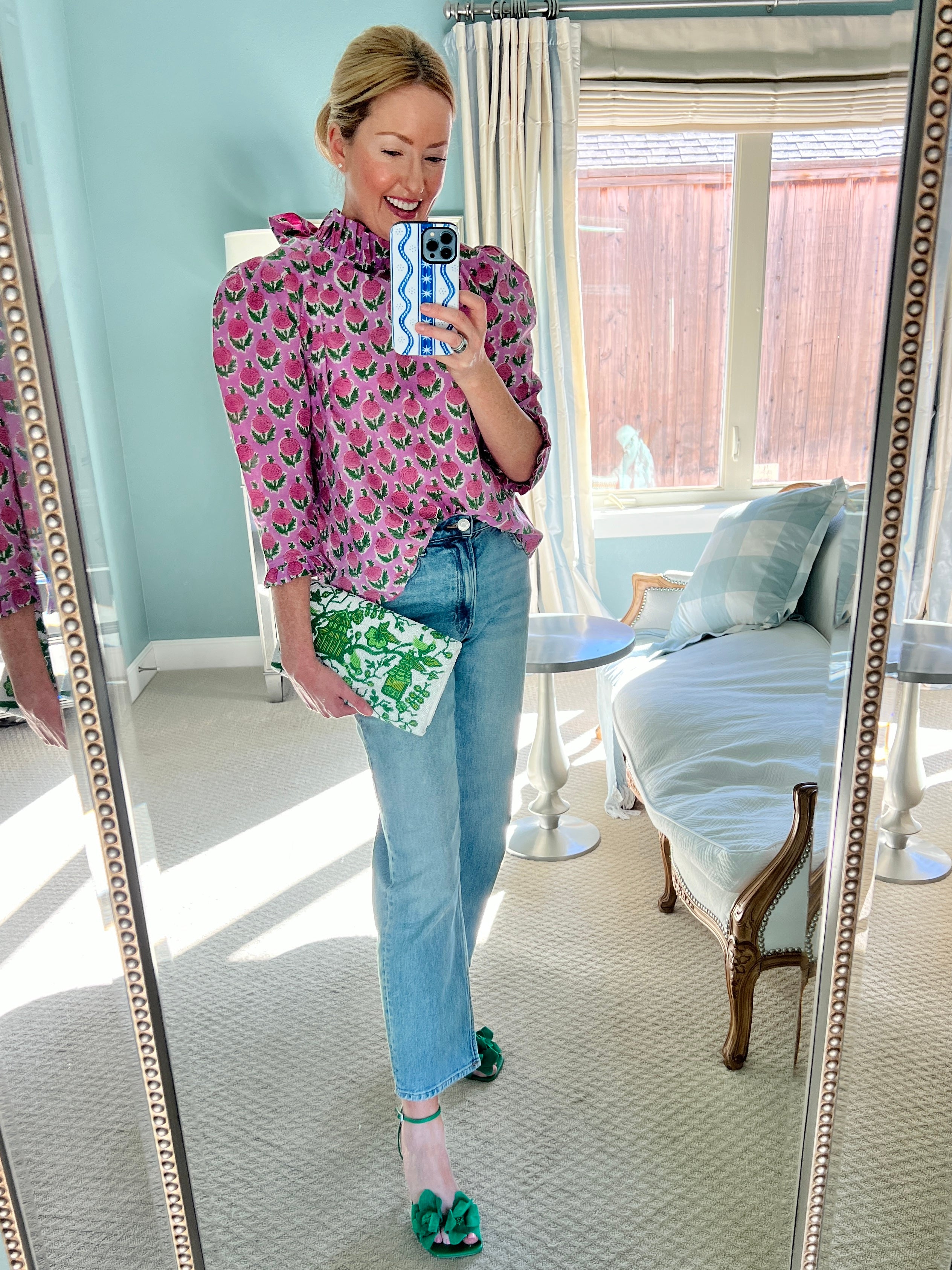 Maisie bow back top in Pink Posy block print
