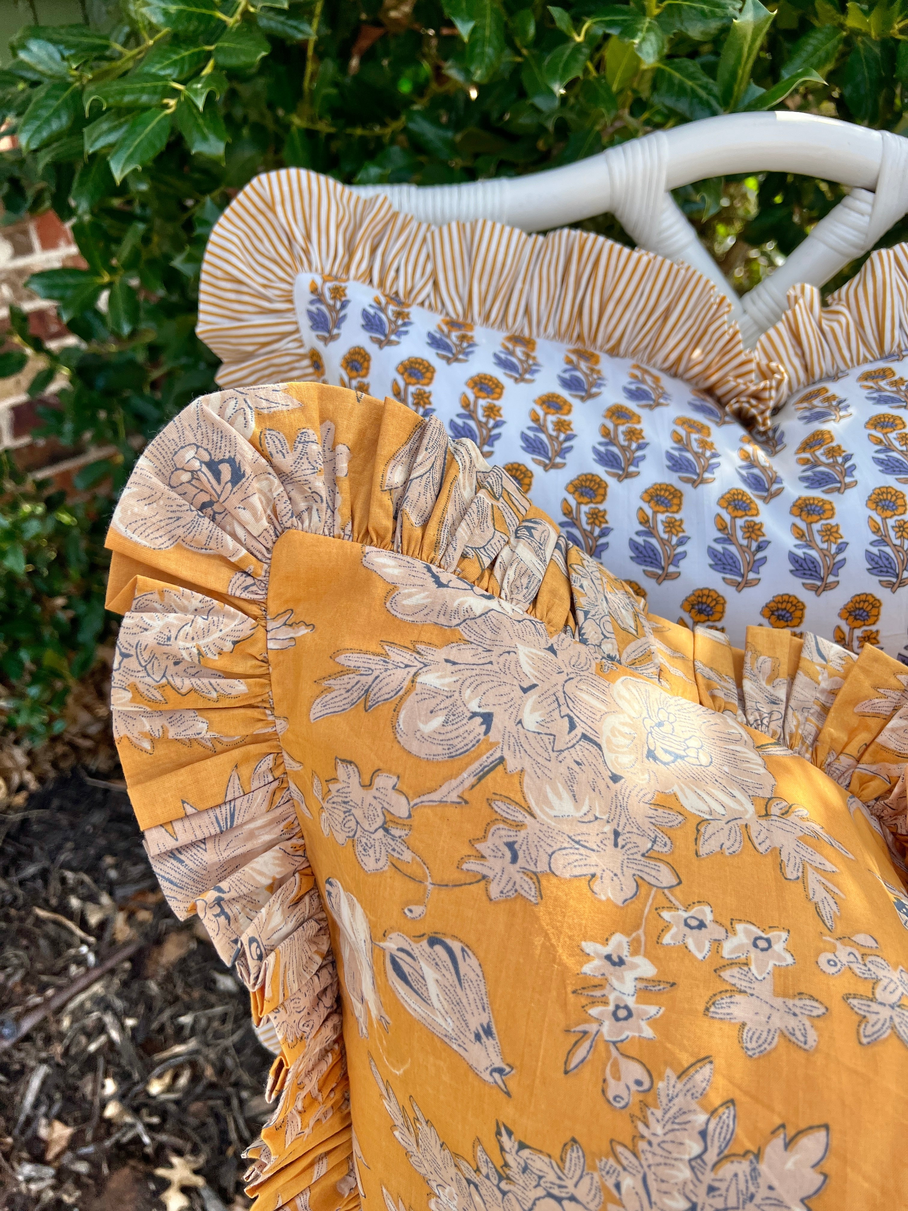 Marigold yellow floral toile pillow cover with ruffle trim
