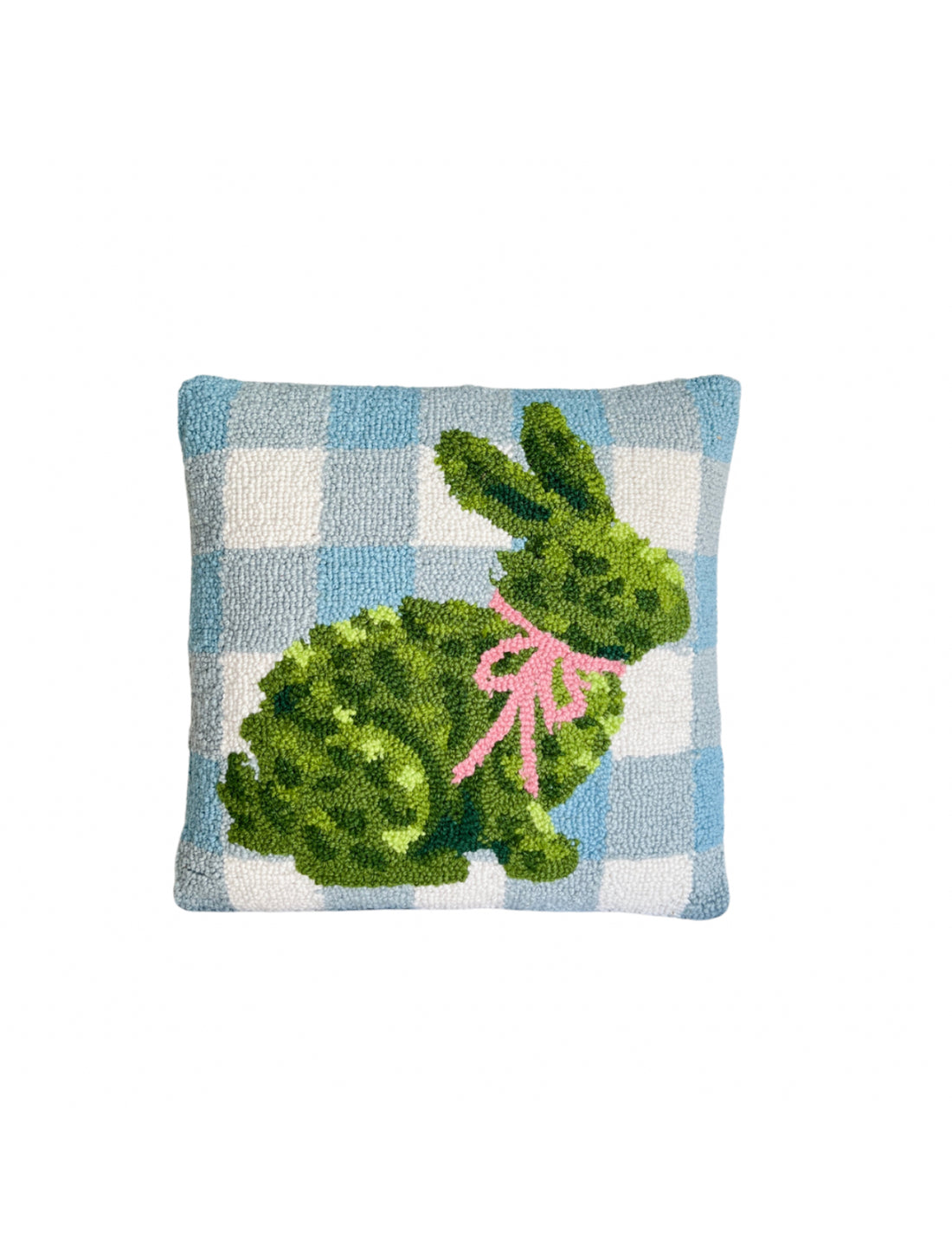 Hand hooked boxwood bunny pillow