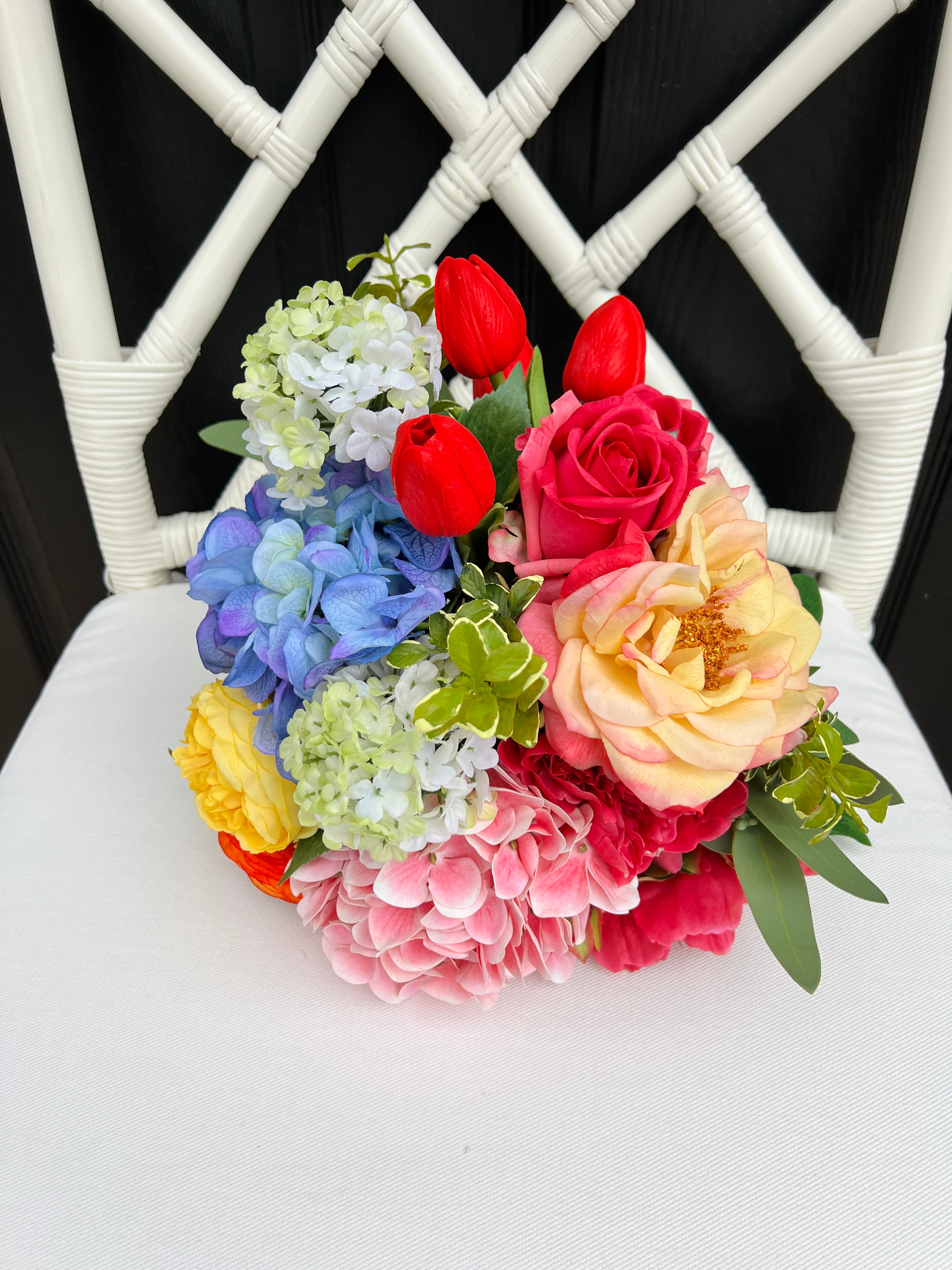 Faux flower drop-in bouquet arrangement, bright colors mixed floral