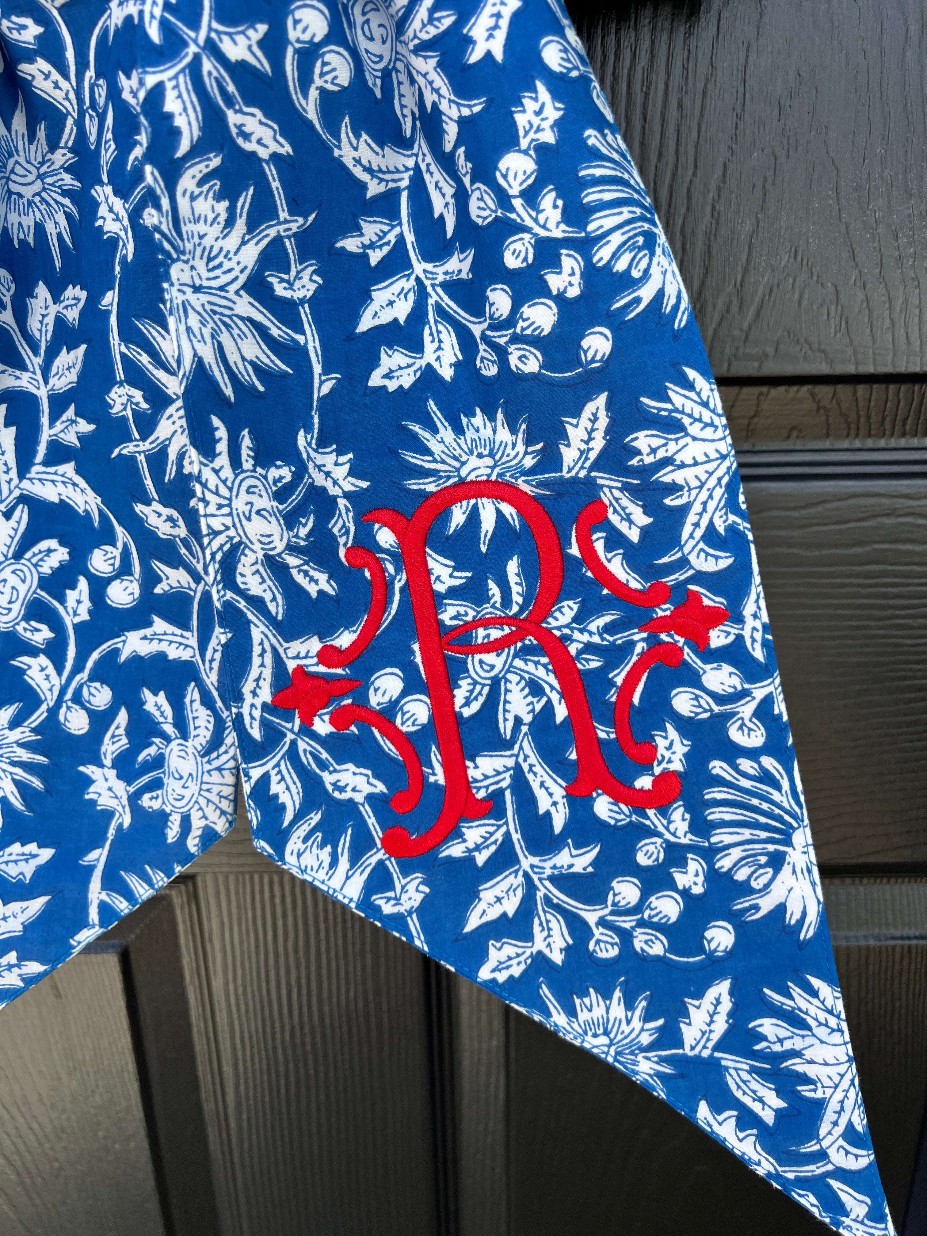 Blue and white block print wreath sash, monogram available