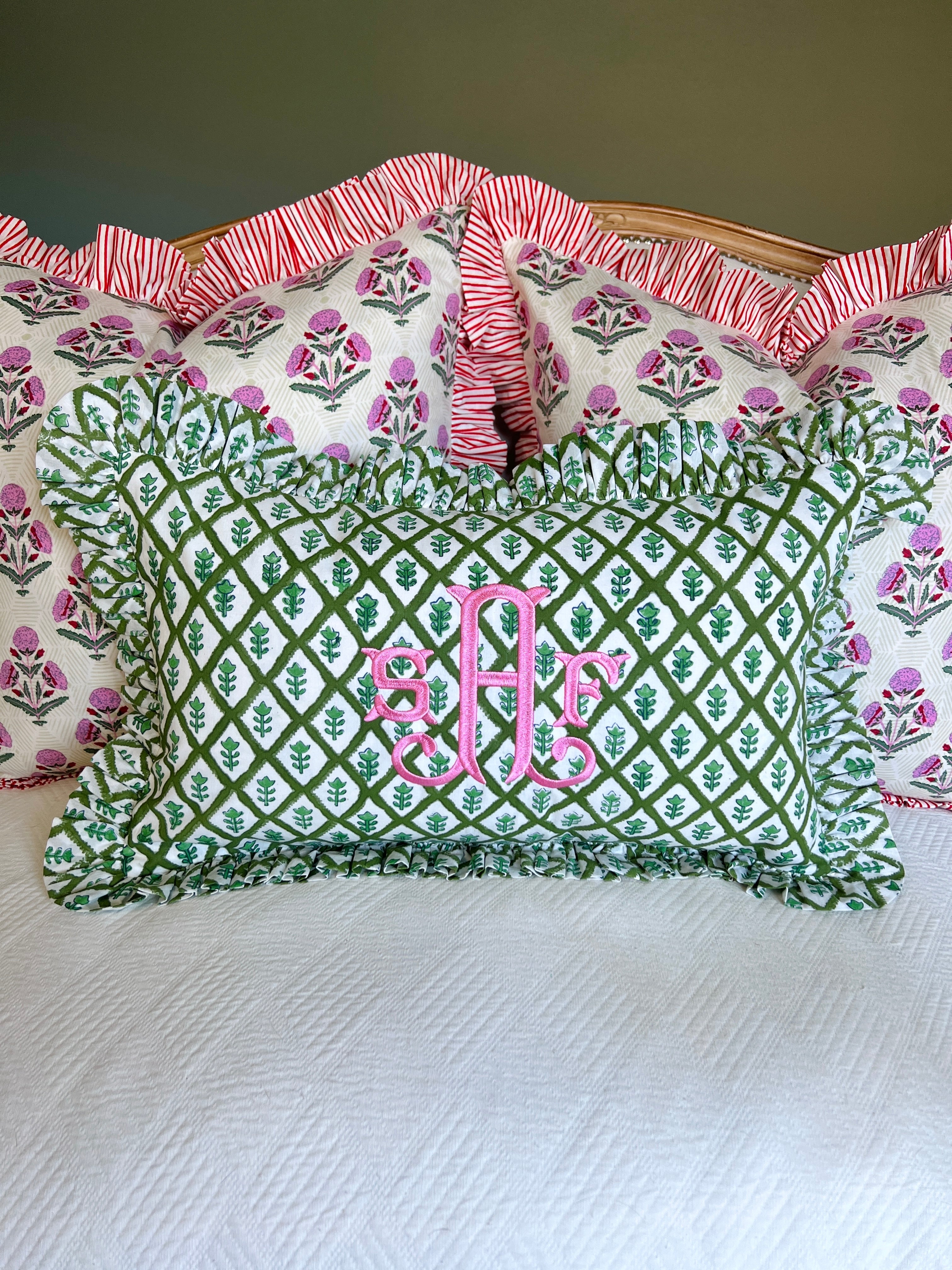 Green block print pillow cover with ruffle flange