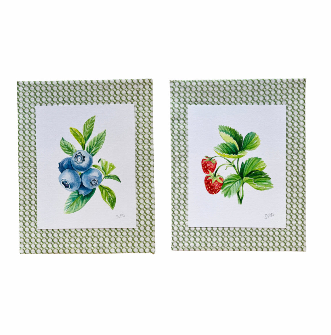 Sarah Drayton fruit art prints with fabric covered mat