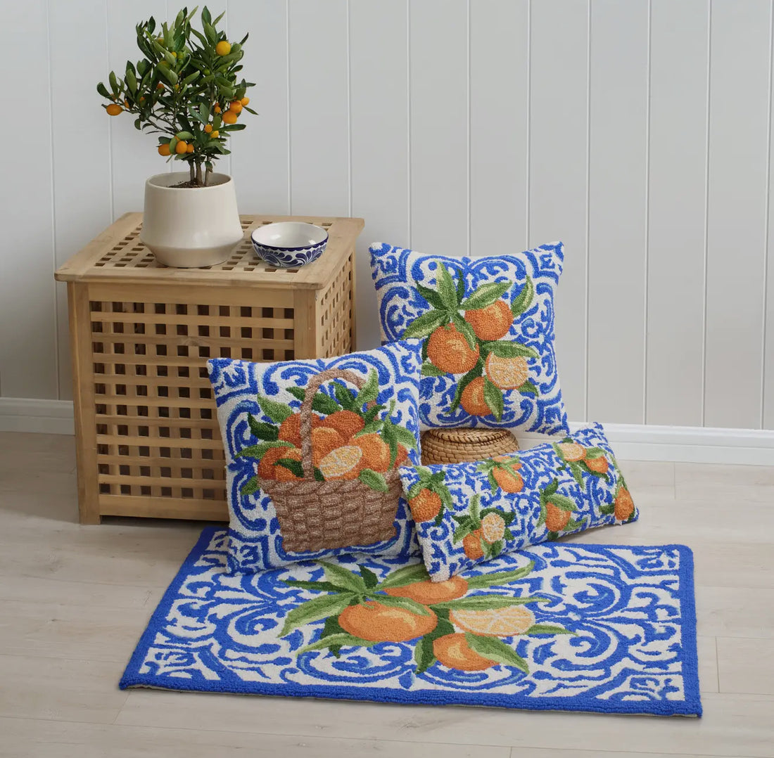 Mediterranean oranges hand hooked pillow