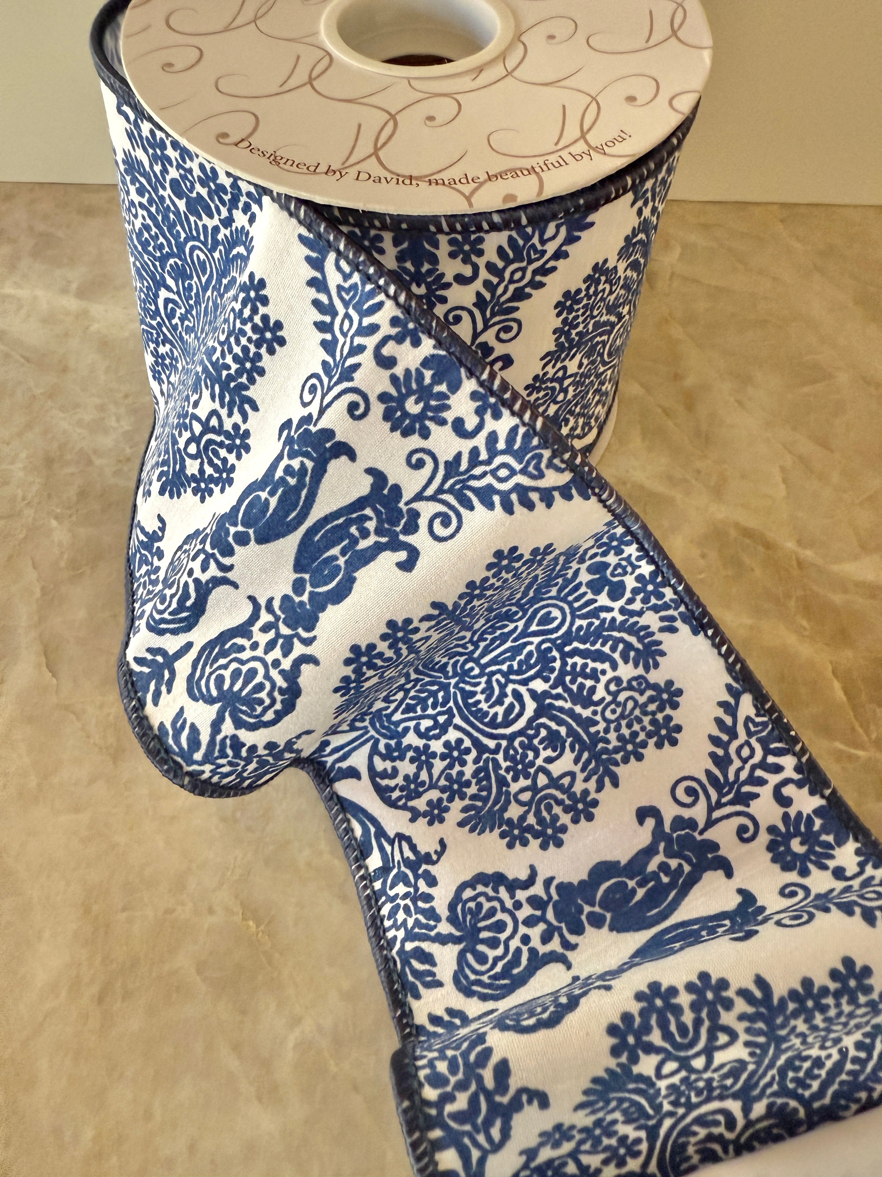Dark blue and white chinoiserie floral print ribbon by the roll 4” x 10 yards