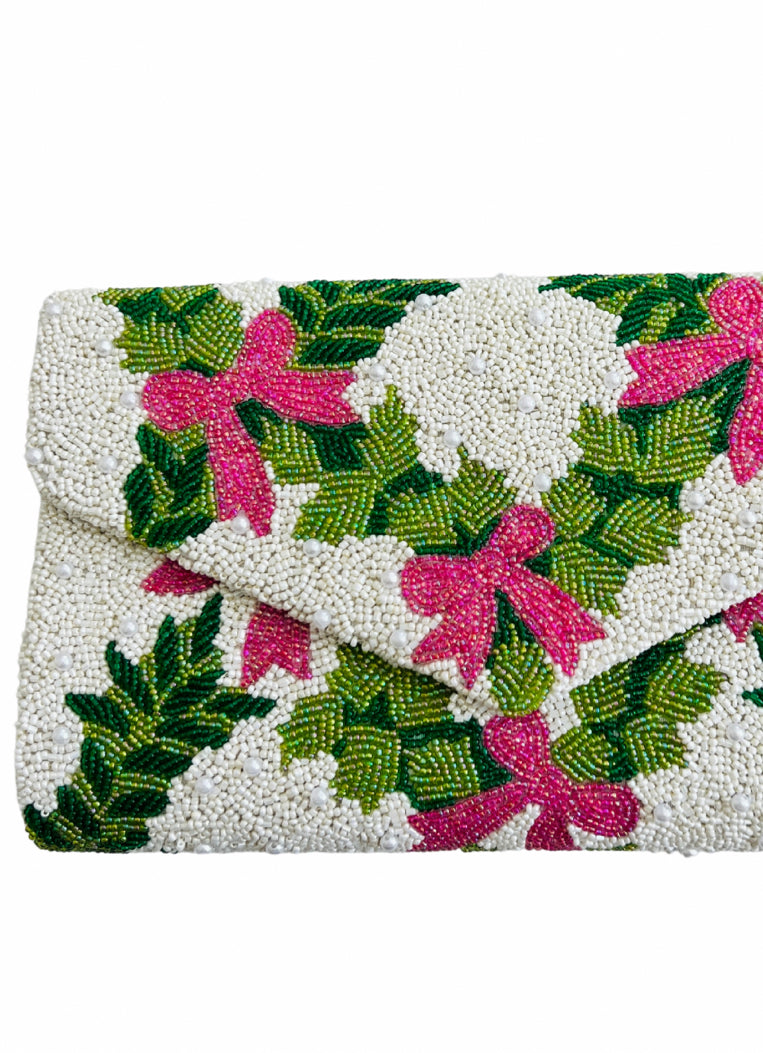 Hand beaded pink bows and green trellis clutch