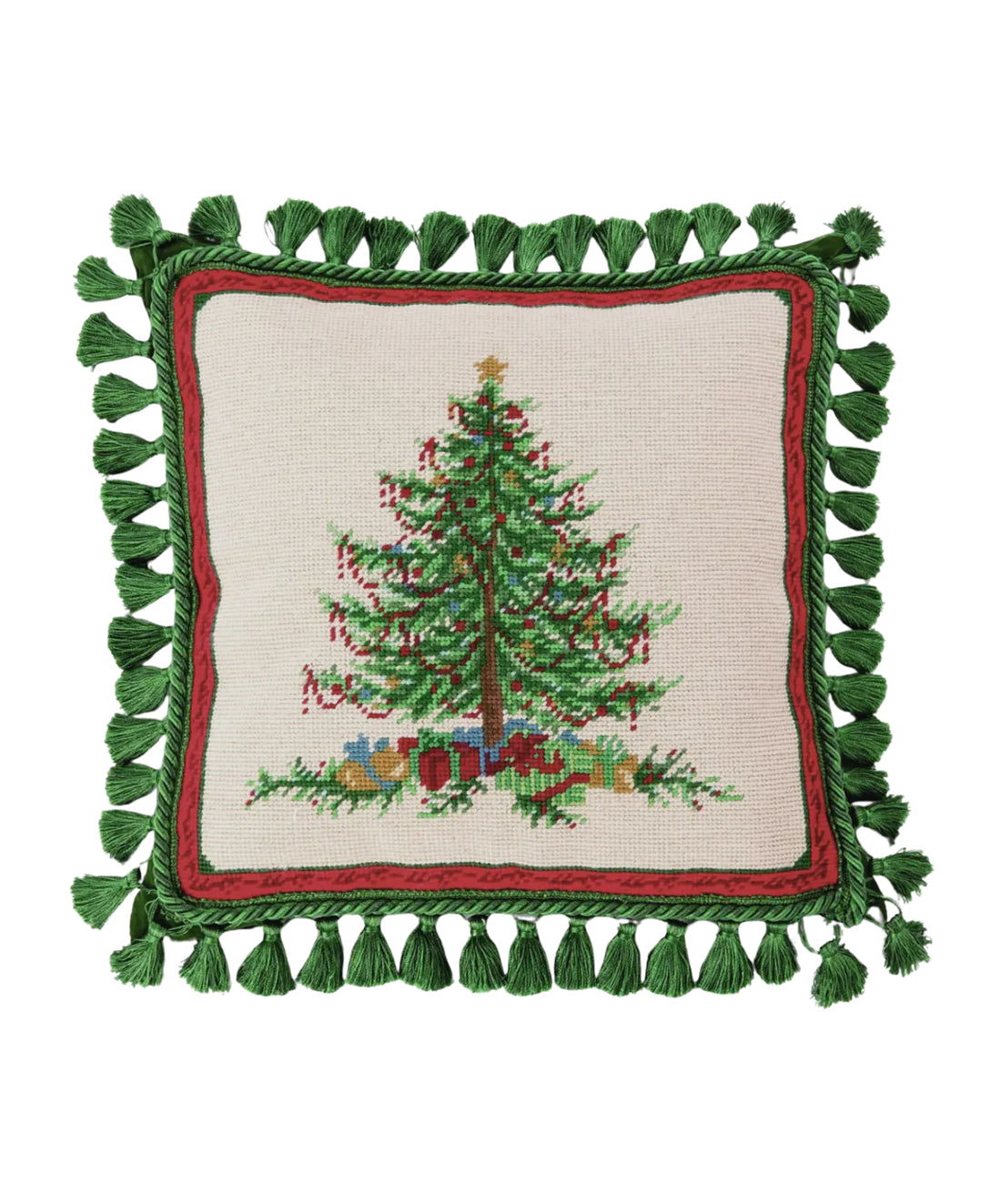 Needlepoint Christmas tree pillow with tassels