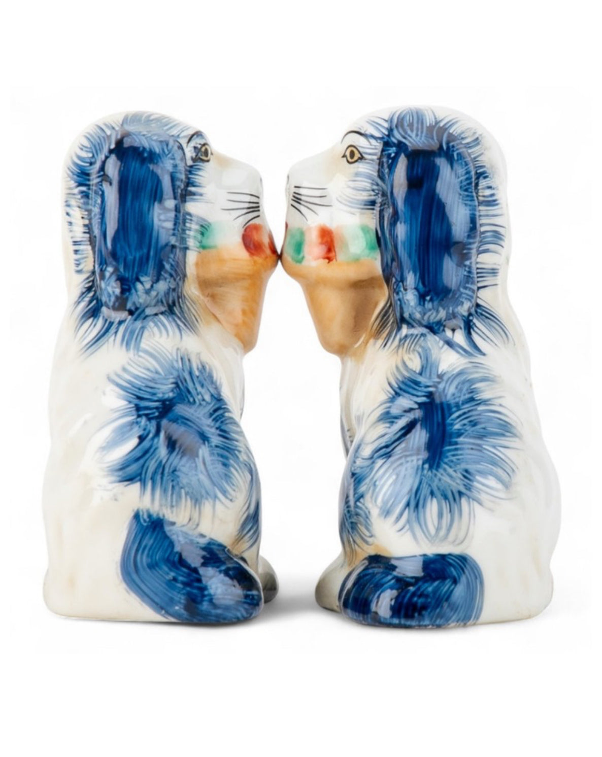 Mini blue porcelain Staffordshire dogs with flower baskets figurine pair