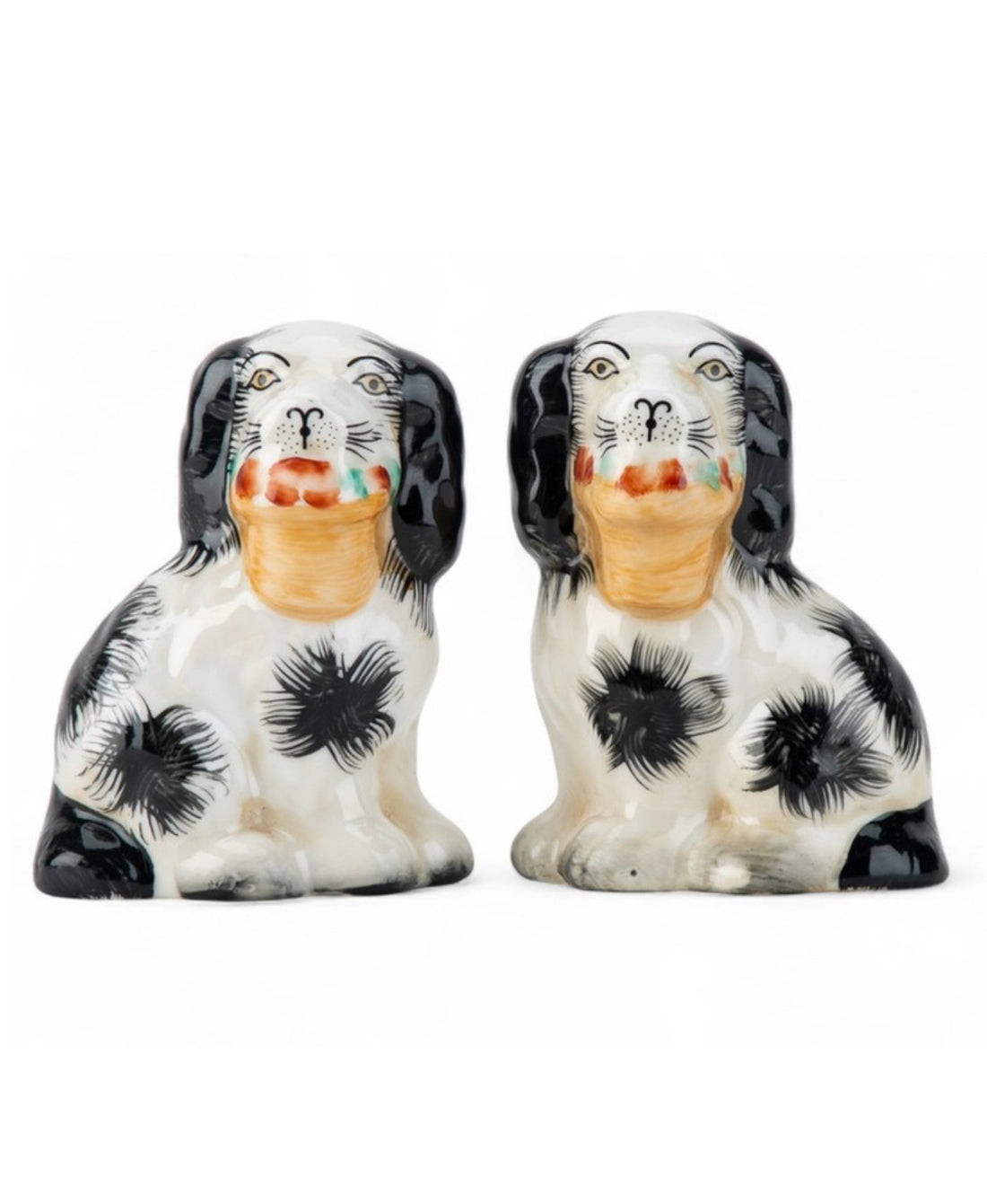Mini black porcelain Staffordshire dogs with flower baskets figurine pair