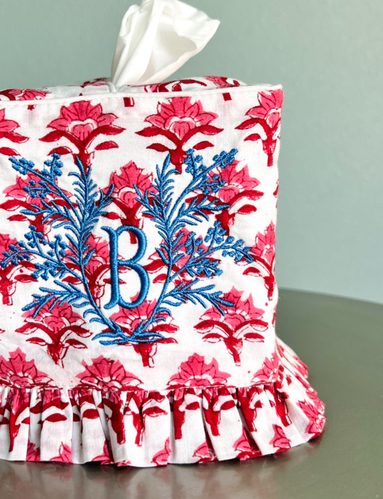 Red and pink block print ruffle tissue cover, custom monogram available