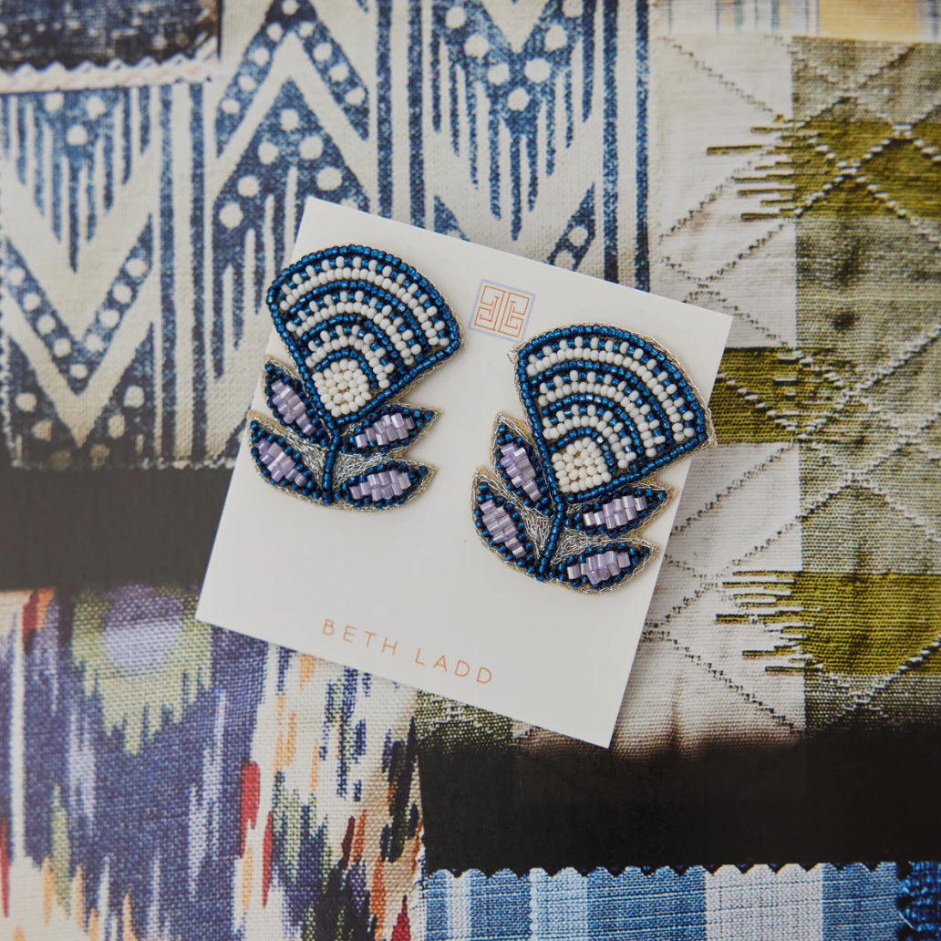 Block print flower earrings in navy blue