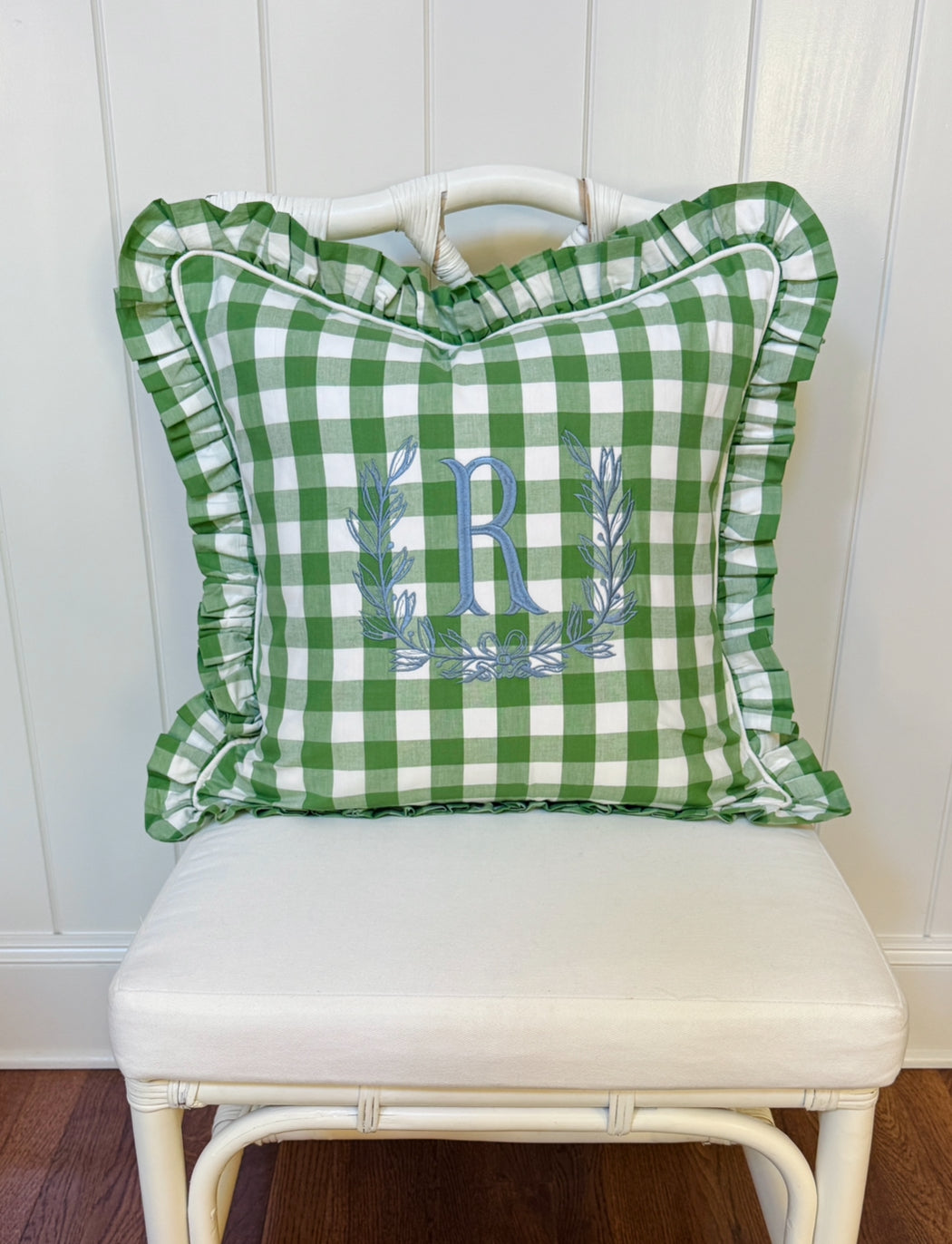 Fern green check pillow cover with ruffle trim, monogram available