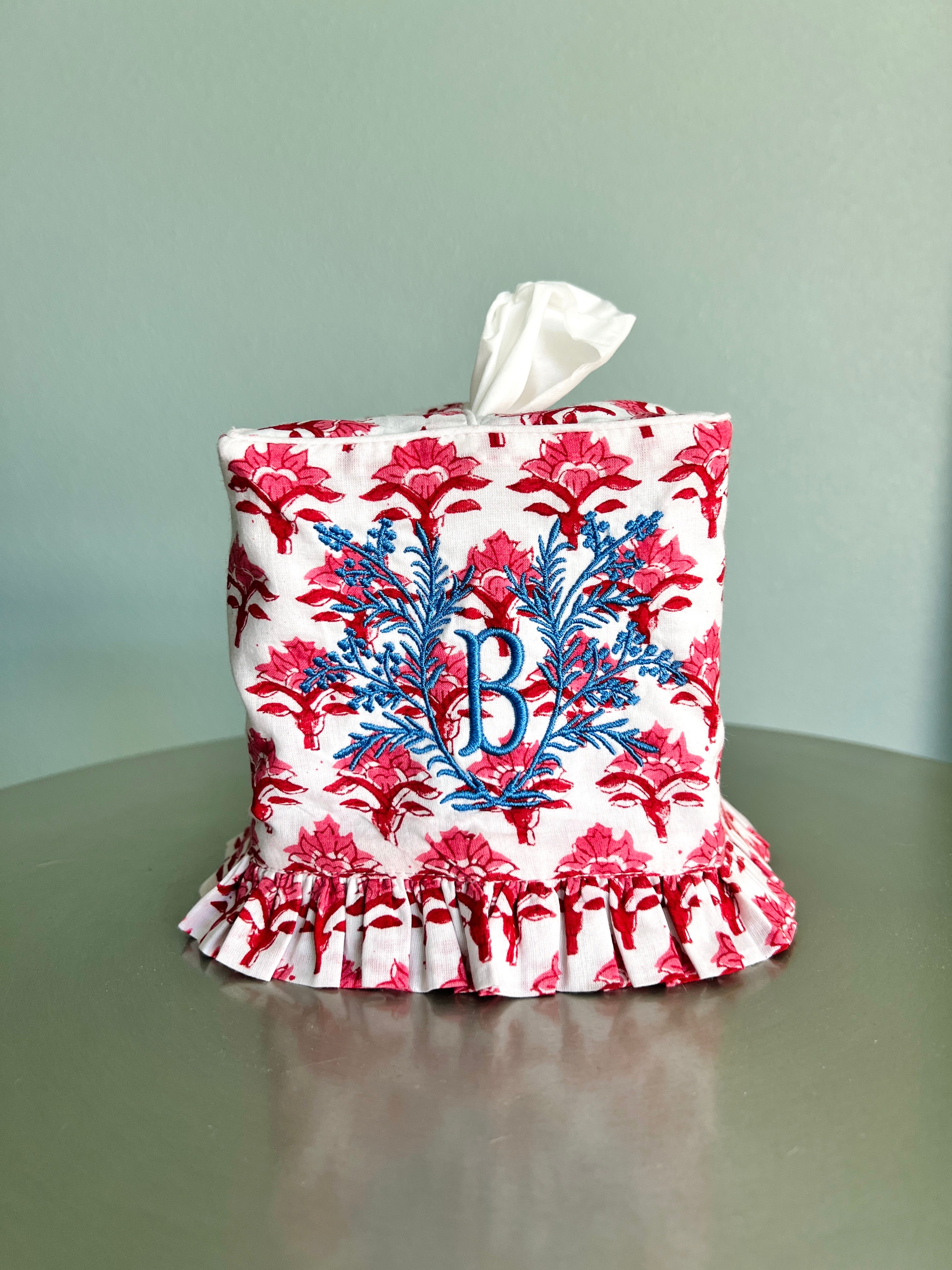 Red and pink block print ruffle tissue cover, custom monogram available