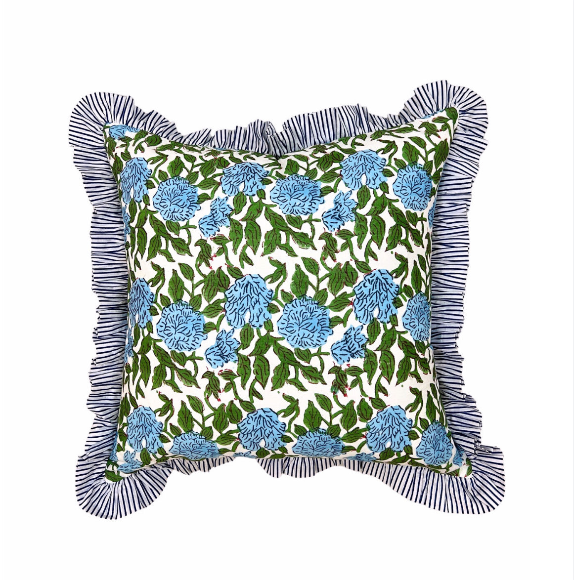 Blue and green floral block print pillow cover with ruffle trim